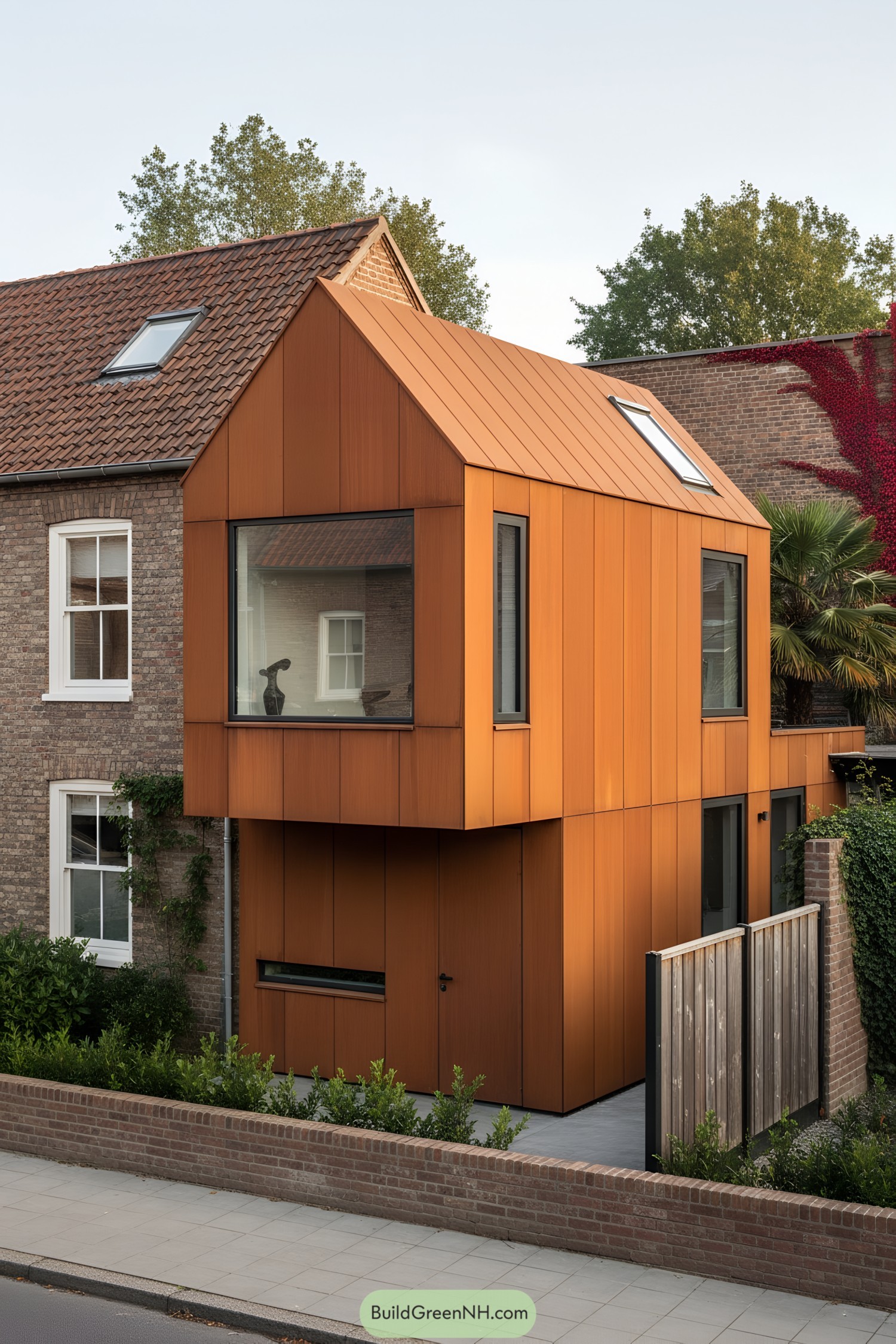 Corten-clad gabled addition with large corner window