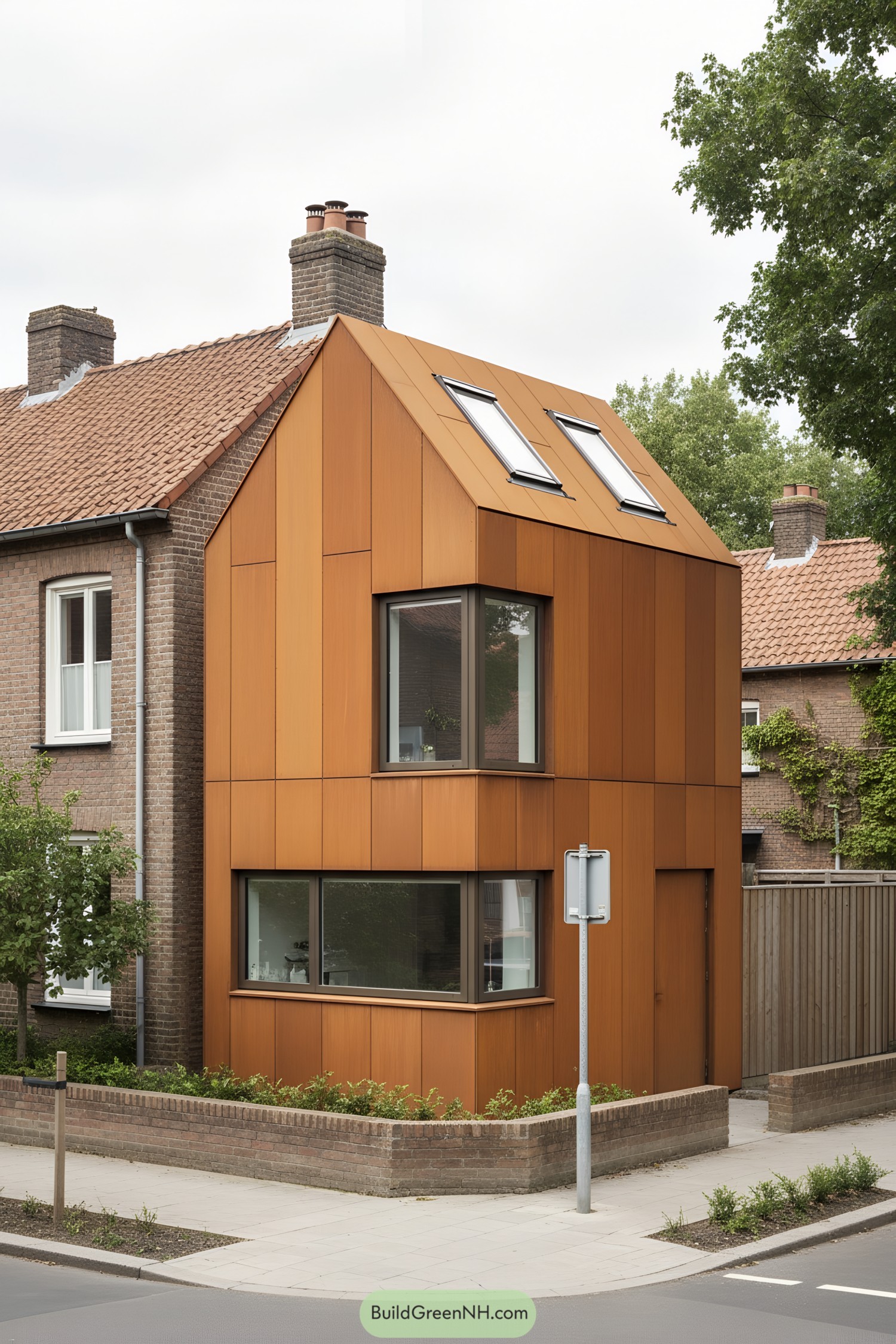 Corten-clad corner house with angled bay windows and skylights
