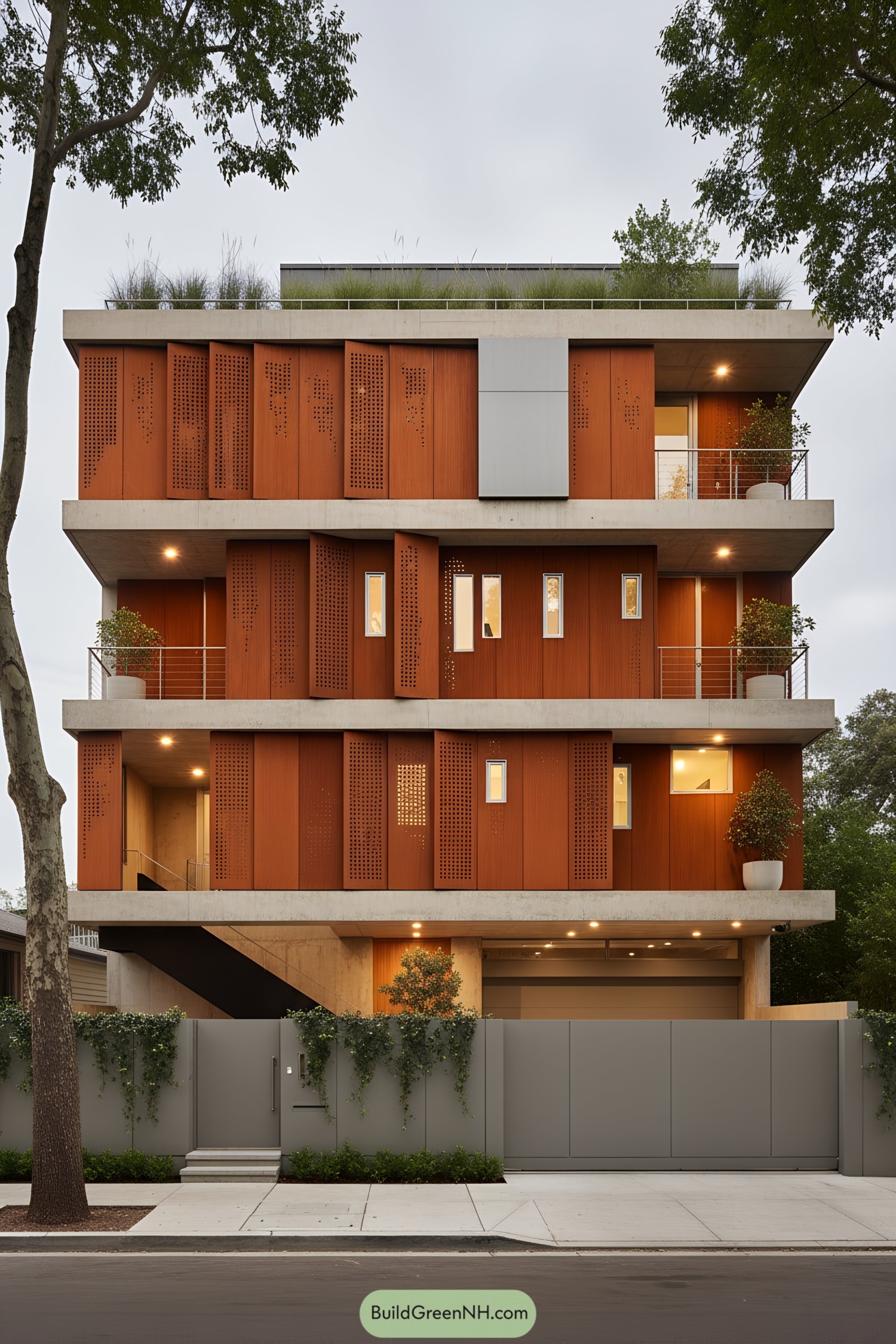 Modern multi-story home with corten steel panels and concrete terraces