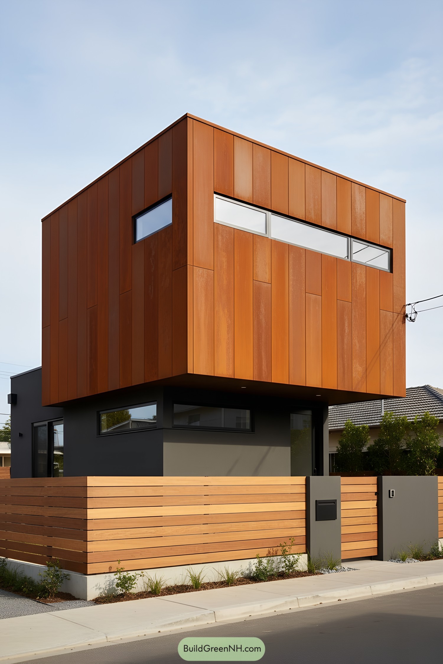 Two-story corten steel house with boxy overhang and slit windows