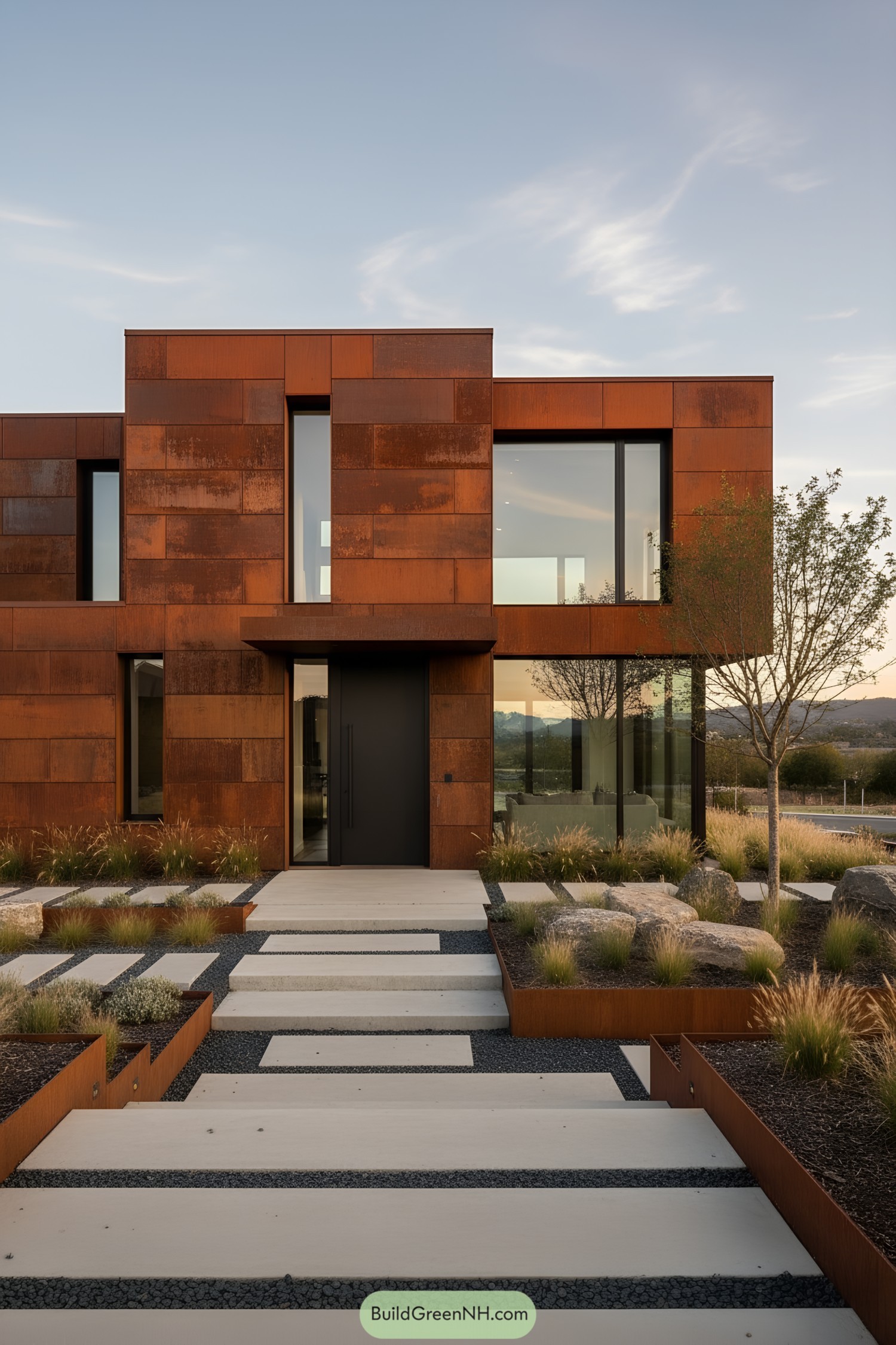 Modern corten steel house with large glazing and stepped concrete path