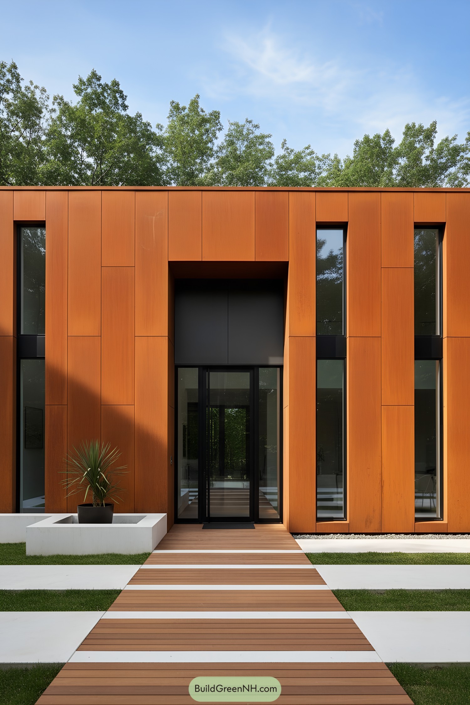 Minimalist corten-clad entry with tall slit windows