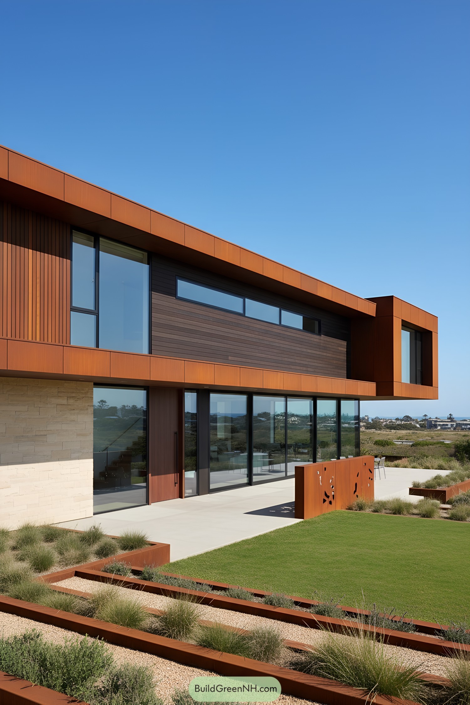 Modern corten steel-clad house with cantilever and long glazing
