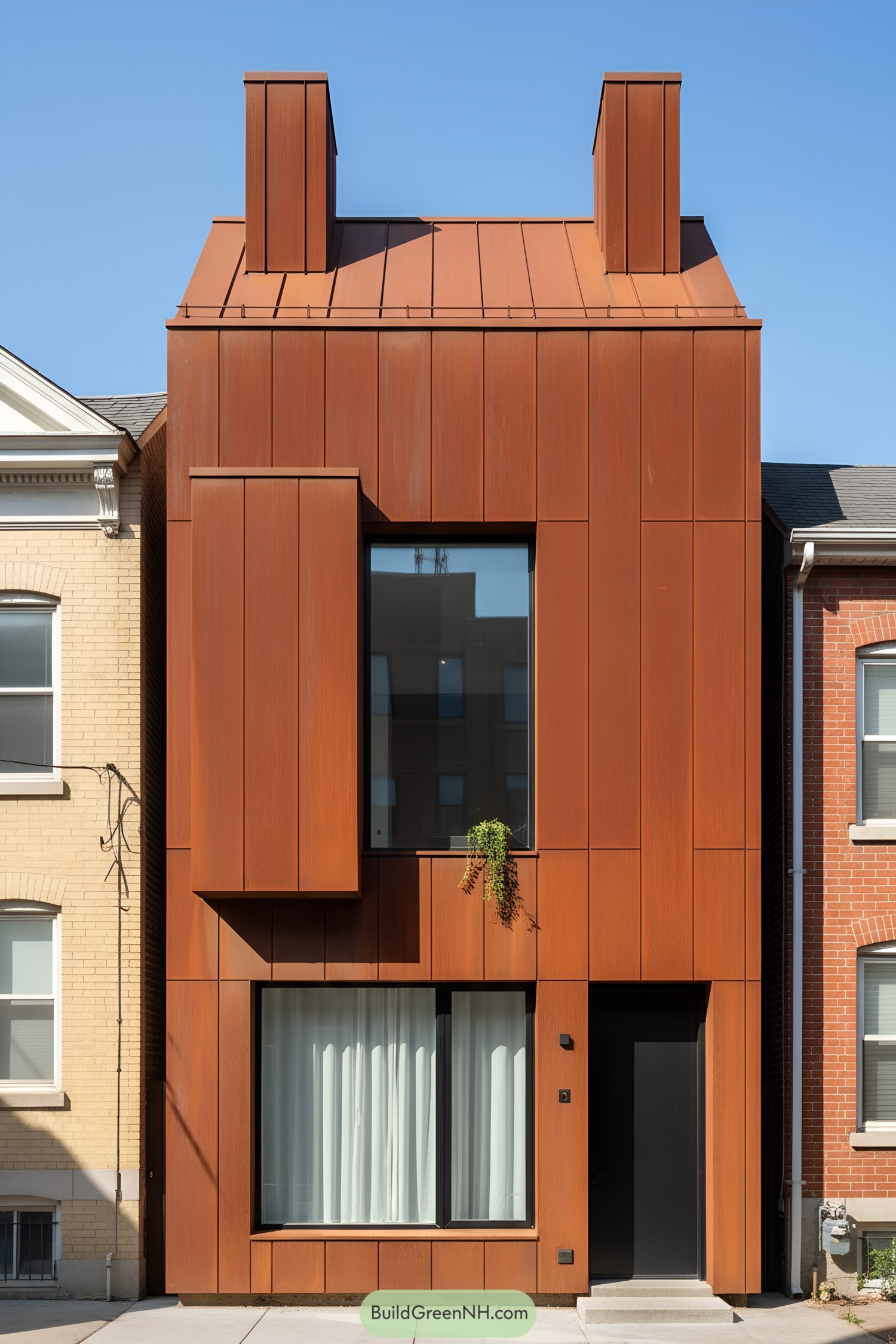 Narrow corten-clad townhouse with twin chimneys