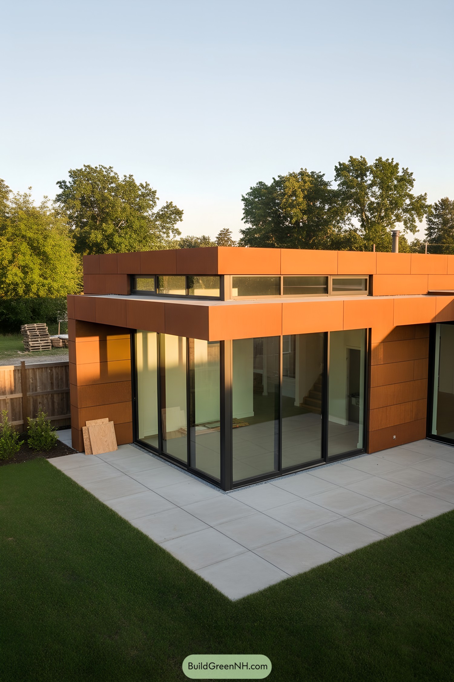 Corten-clad modern home with glass corner and clerestory windows