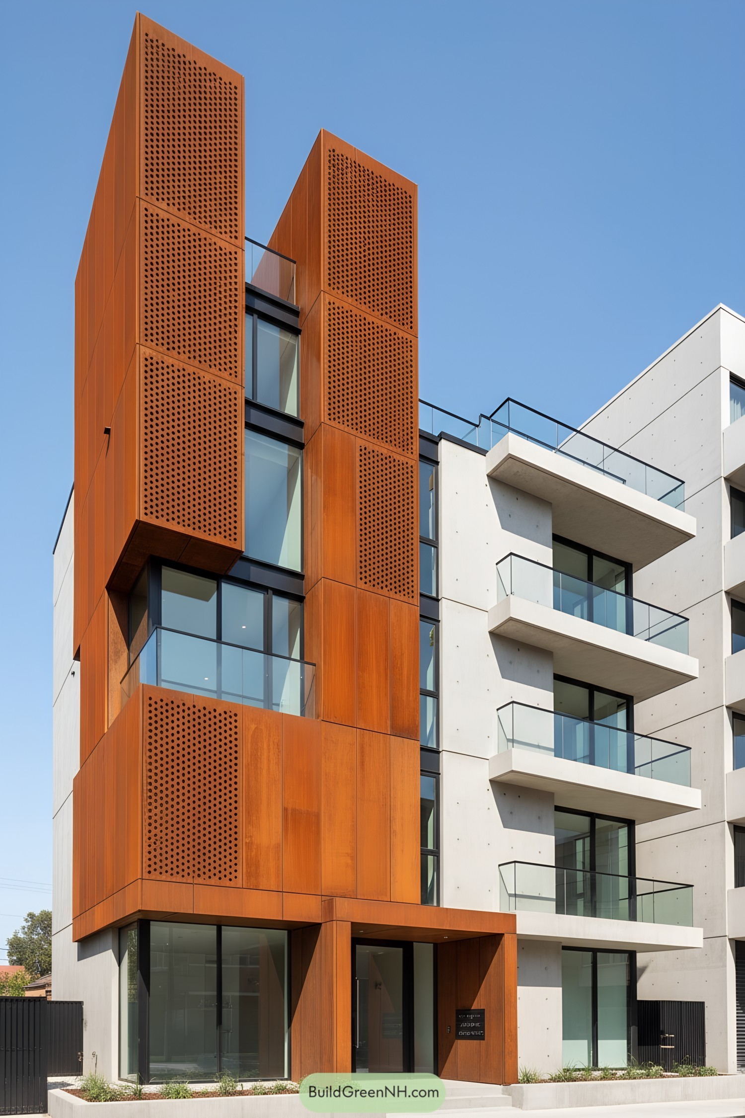 Corten-clad townhouse with perforated panels and glass