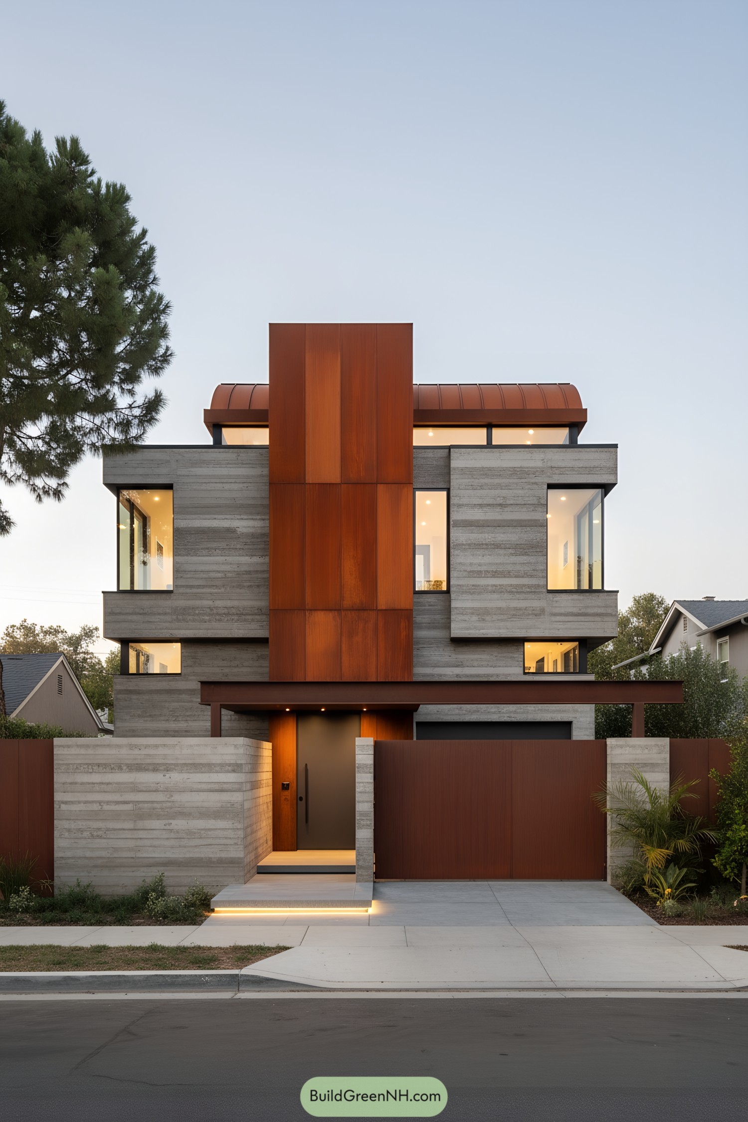 Modern home with rusted steel tower and concrete bands