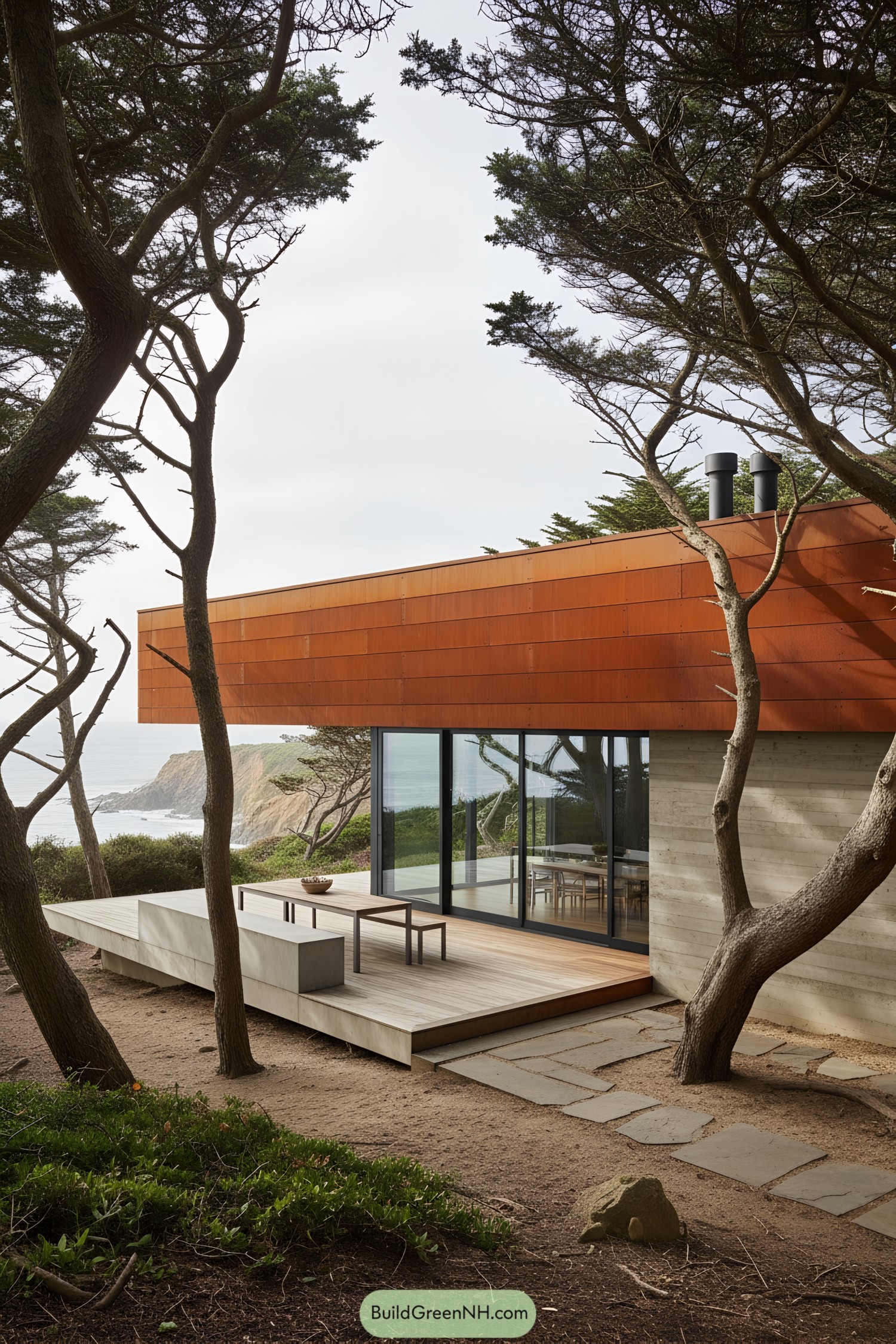 Corten-clad coastal home with glass walls