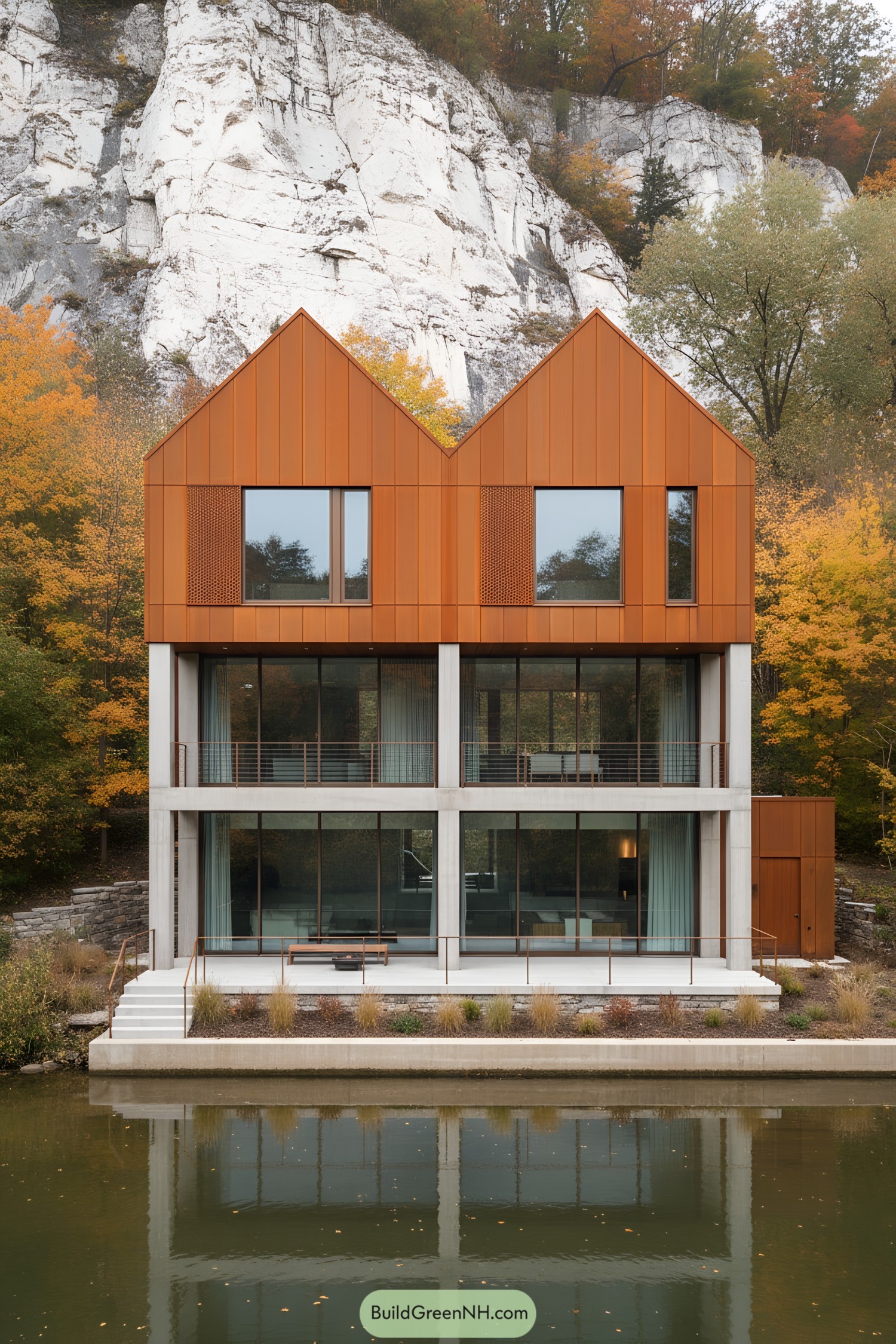 Corten-clad twin-gable house by a calm river