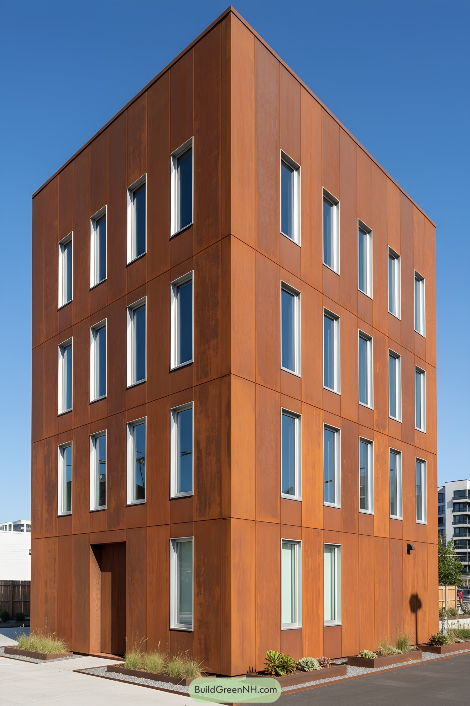 Four-story corten steel cube with grid windows