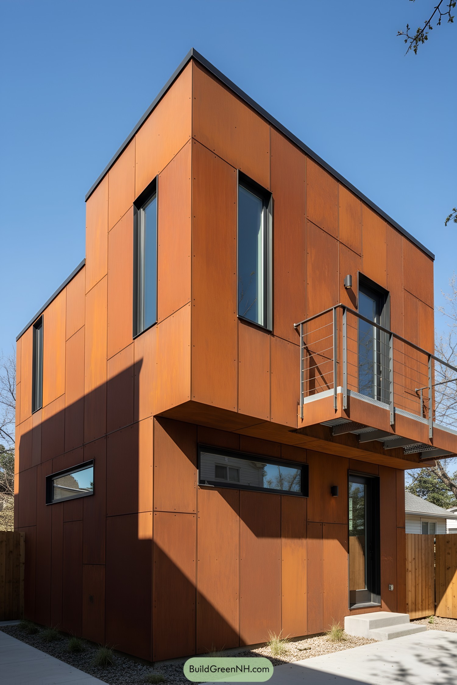 Compact corten-clad two-story house with slim windows and a small steel balcony