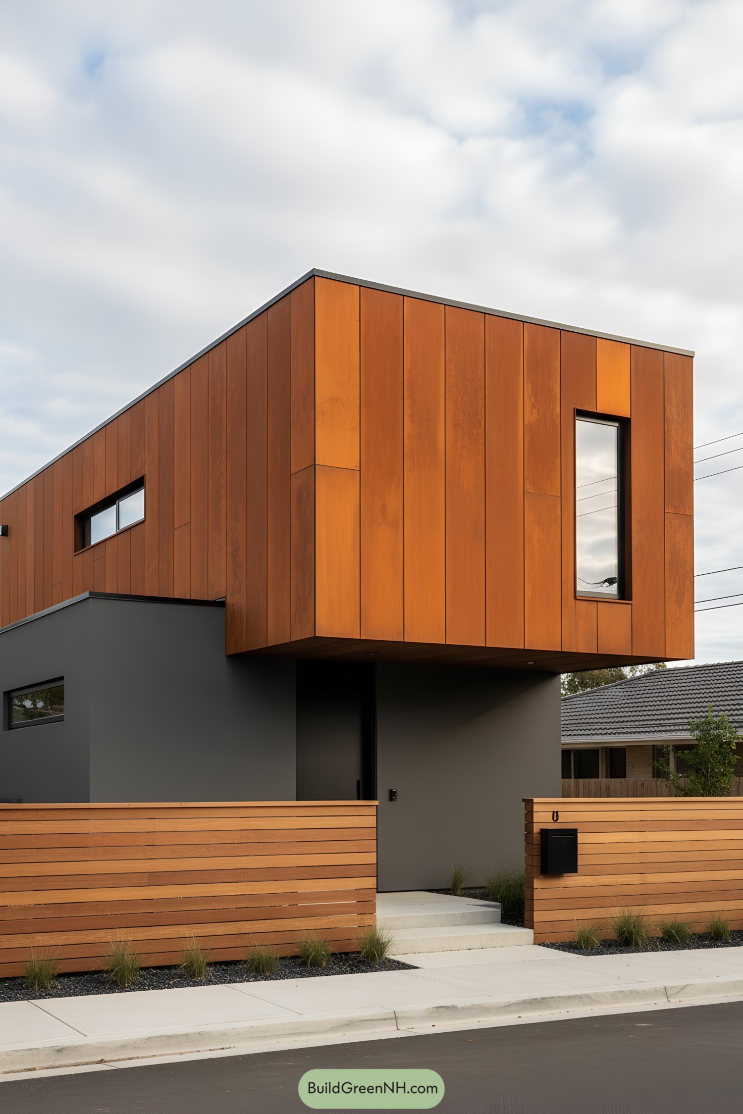 Two-story corten-clad modern home with cantilevered upper volume and slim vertical windows