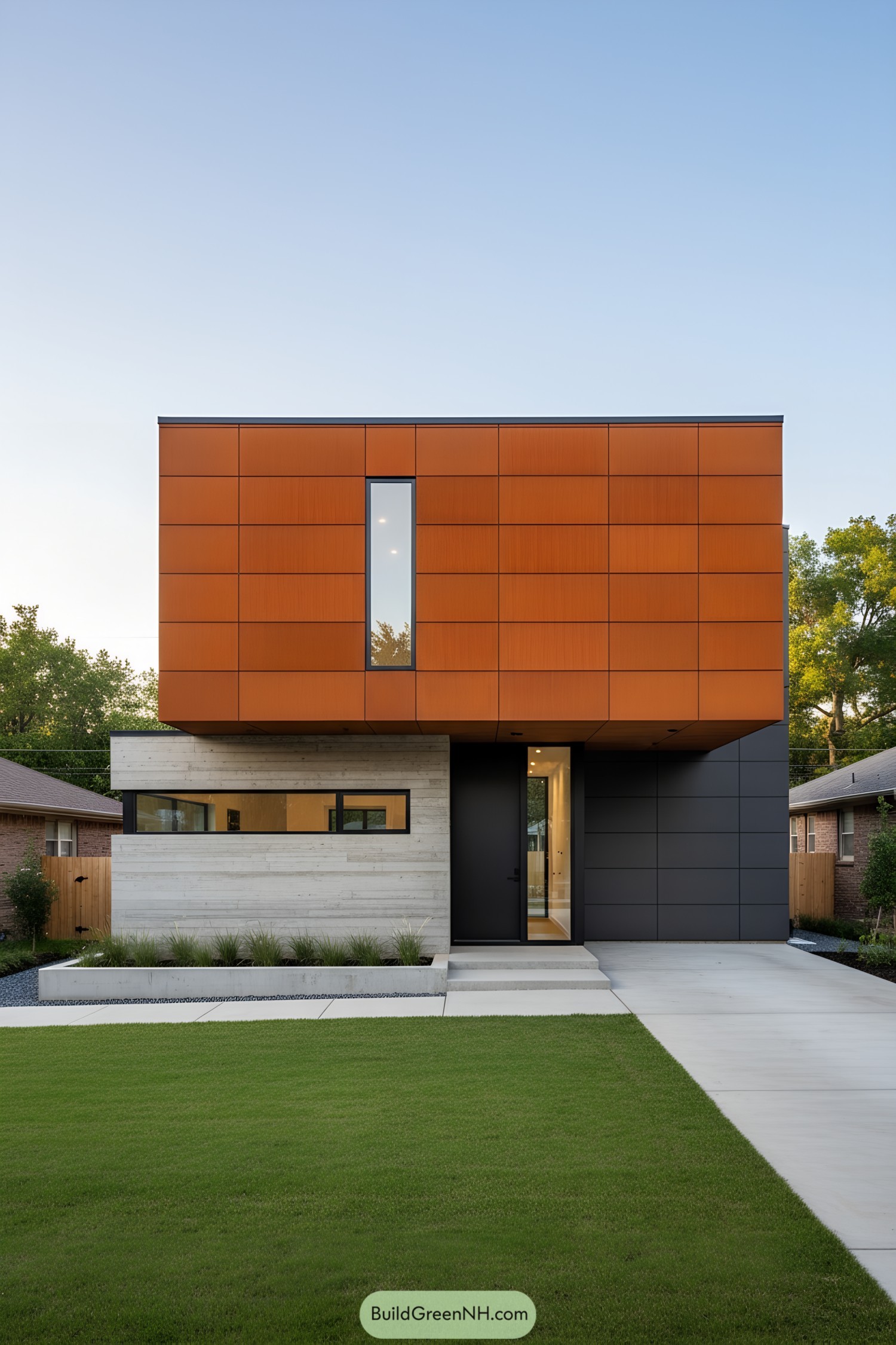 Modern corten-clad cube with concrete base