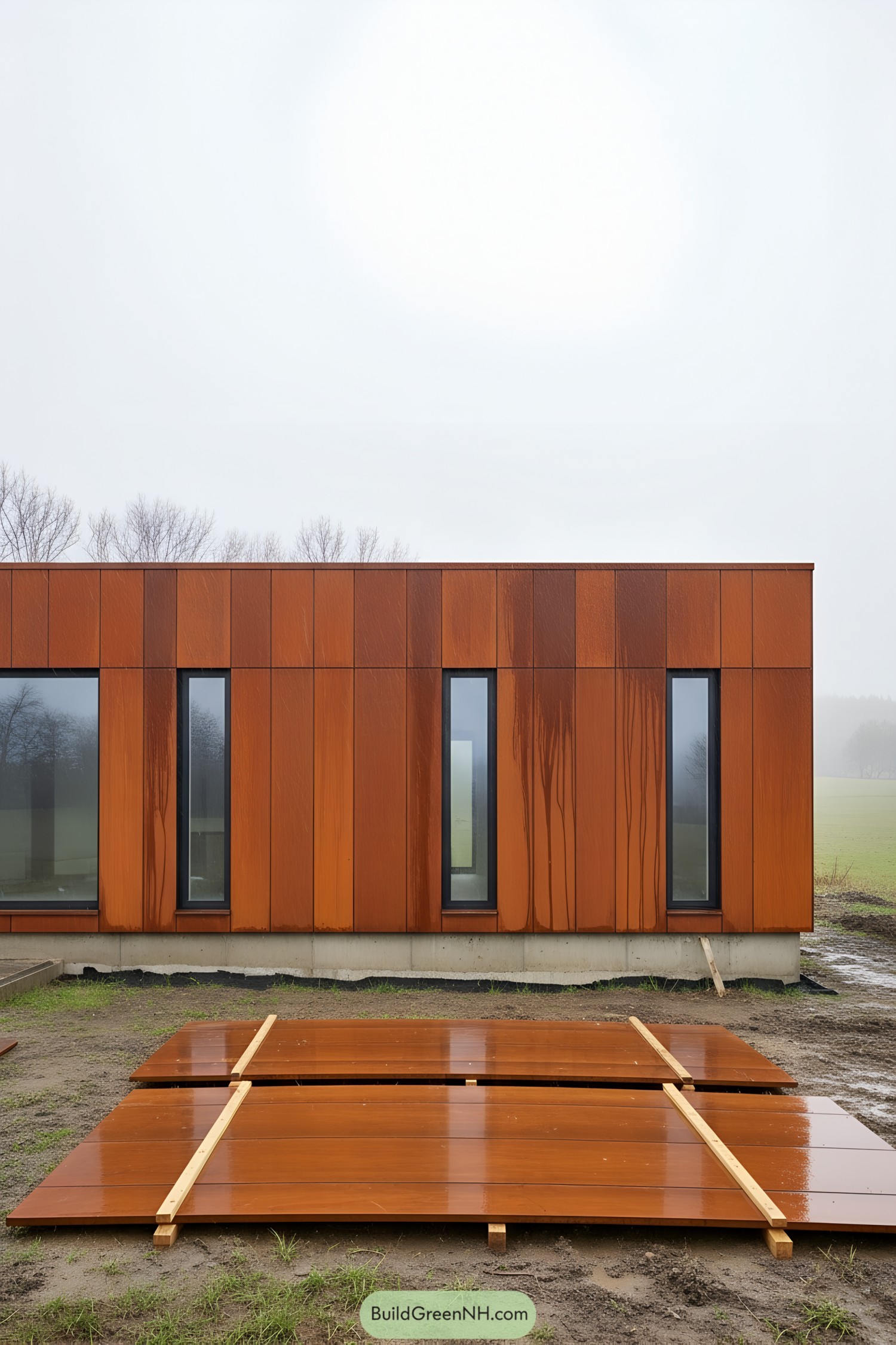 Corten-clad house with tall narrow windows