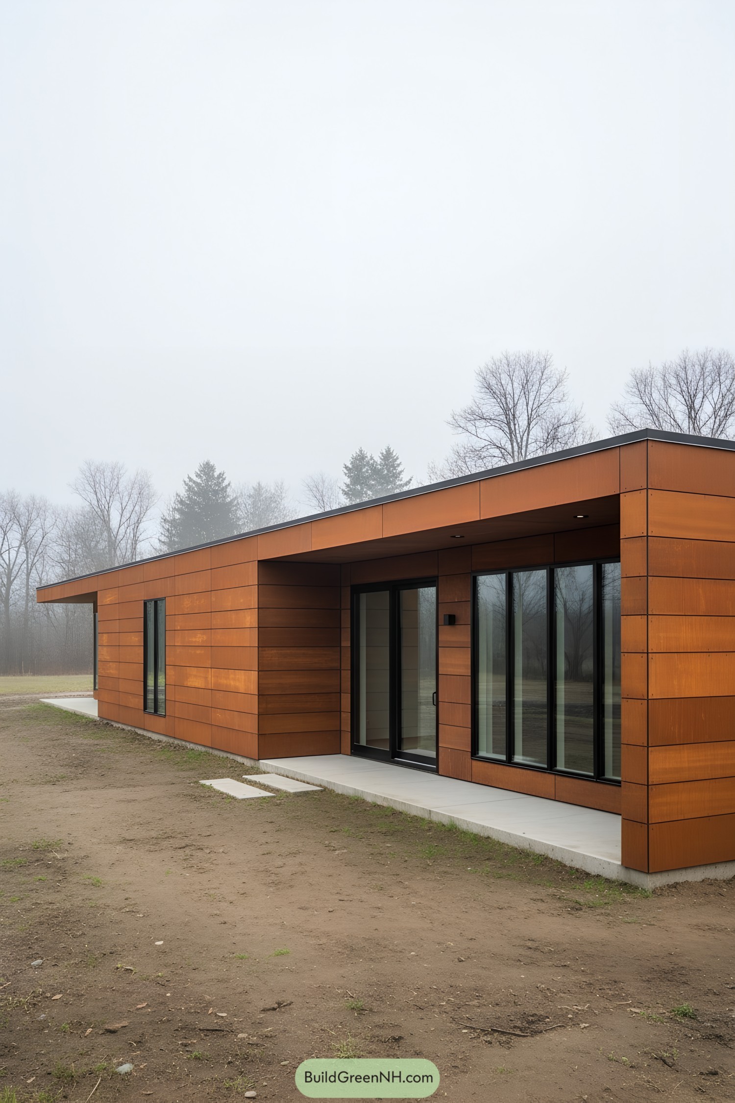 Low, rectilinear corten-clad house with deep porch and large glass sliders on a foggy site