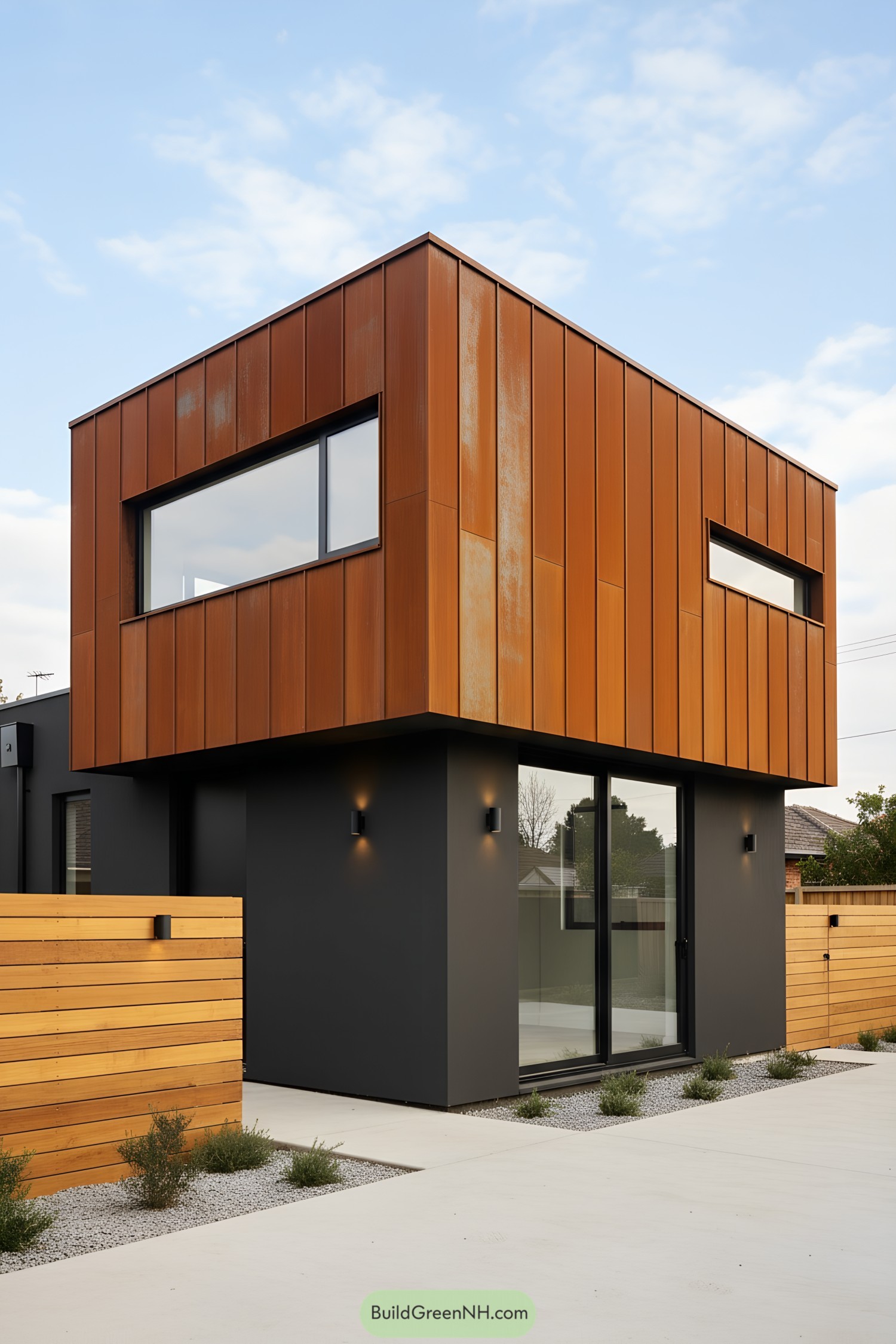 Two-story corten-clad cube with black base
