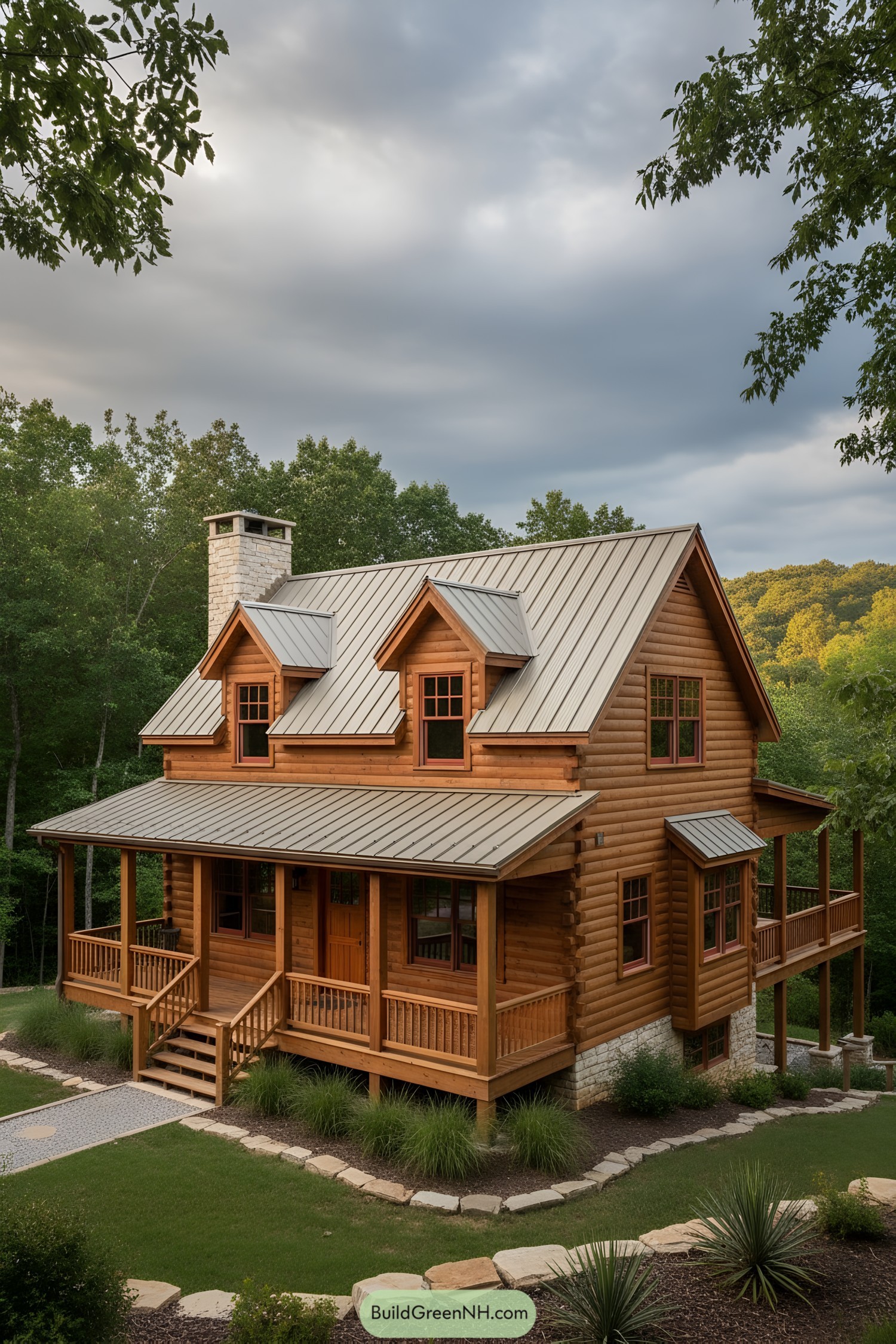 Warm log cabin with metal roof and wraparound porch