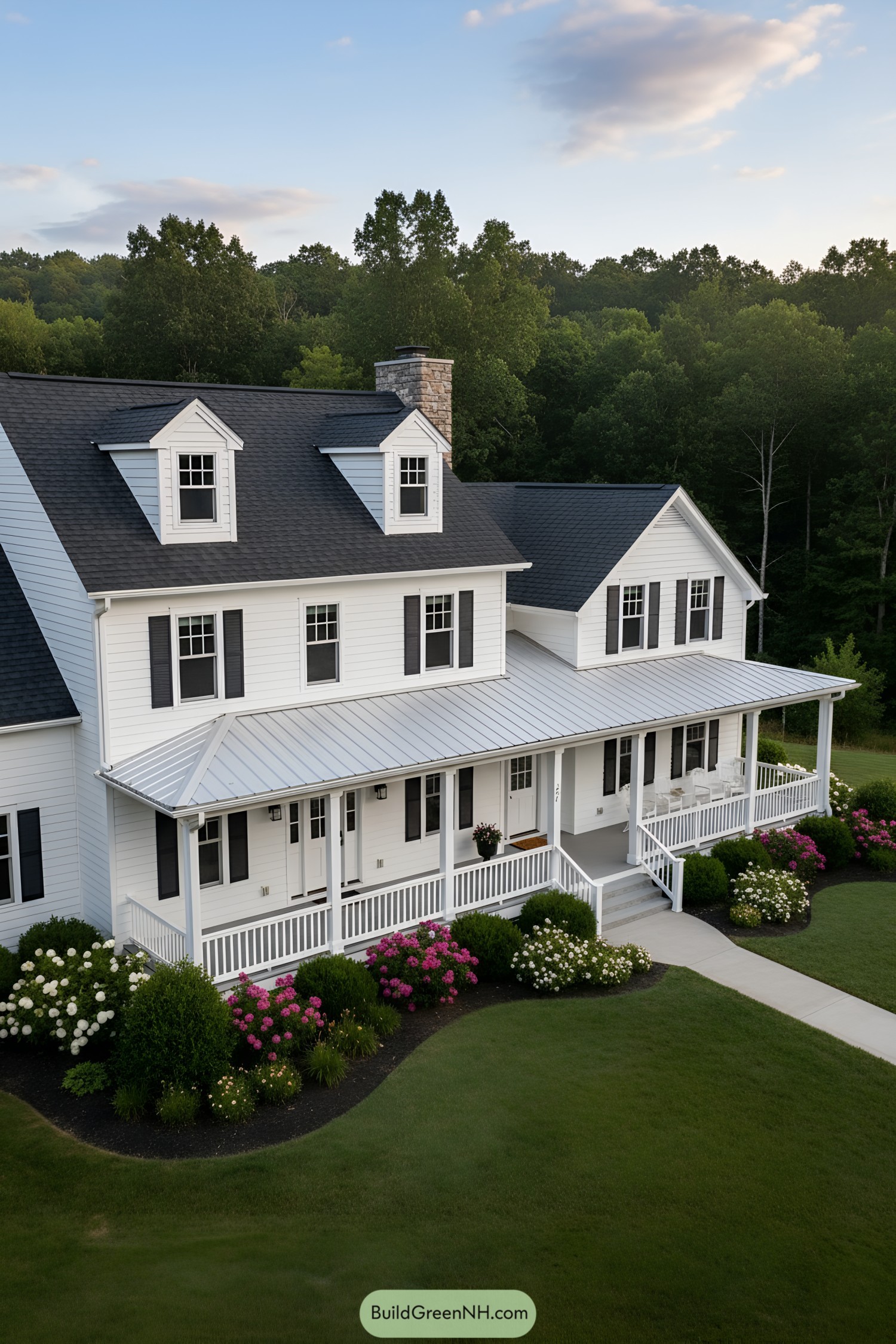 White farmhouse with long wraparound porch