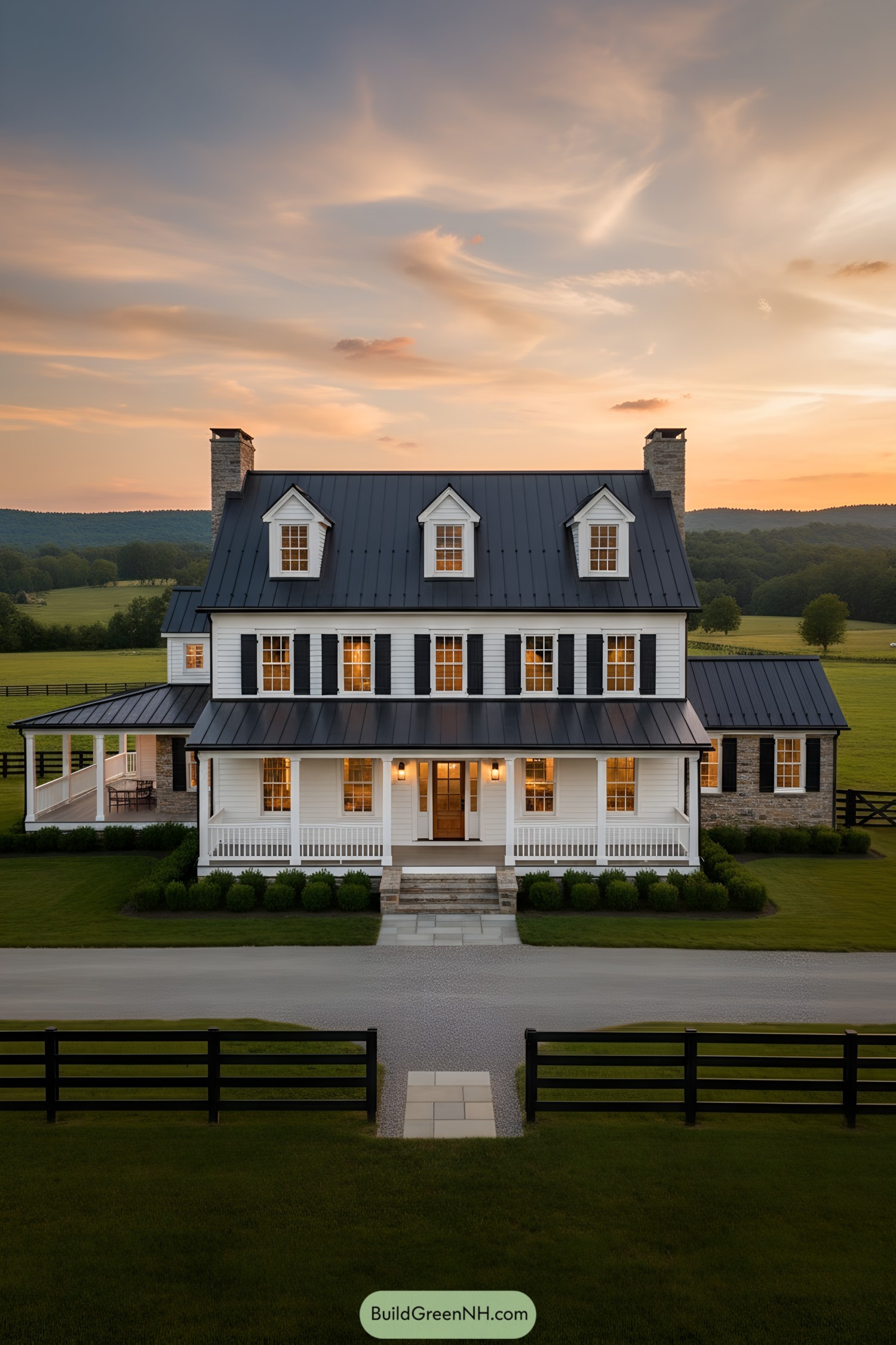 White farmhouse with black metal roof, dormers, wraparound porch, and stone chimneys at sunset