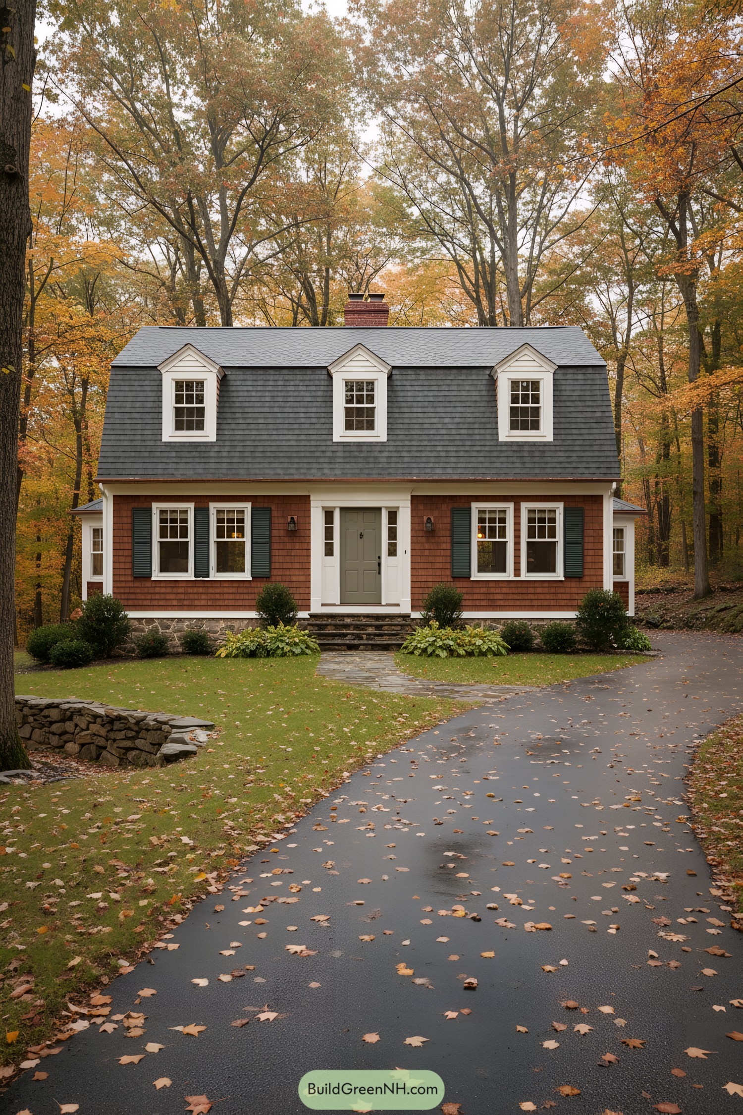 Gambrel-roof country house with dormers and cedar shingles