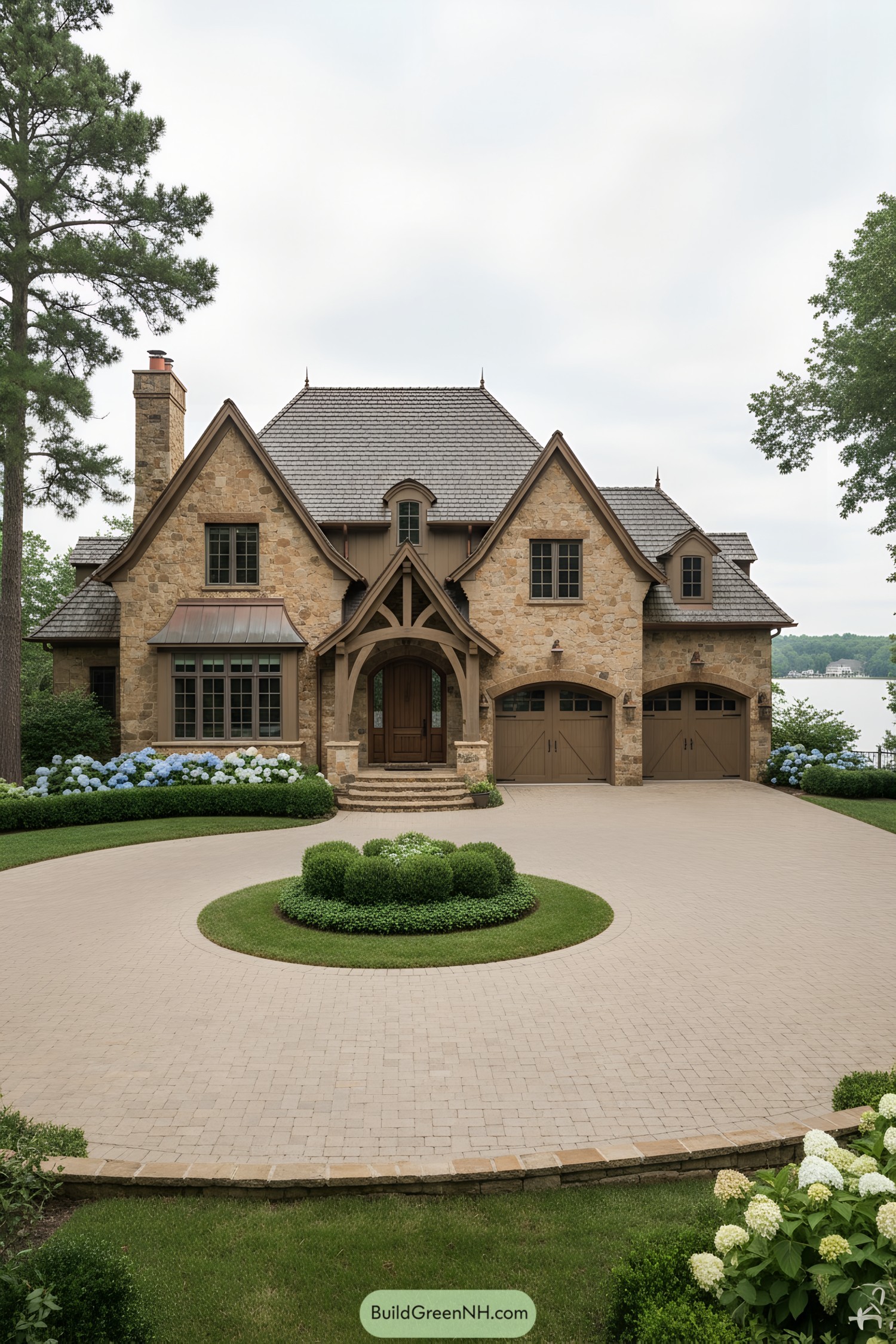 Stone-clad country house with steep gables and arched porch