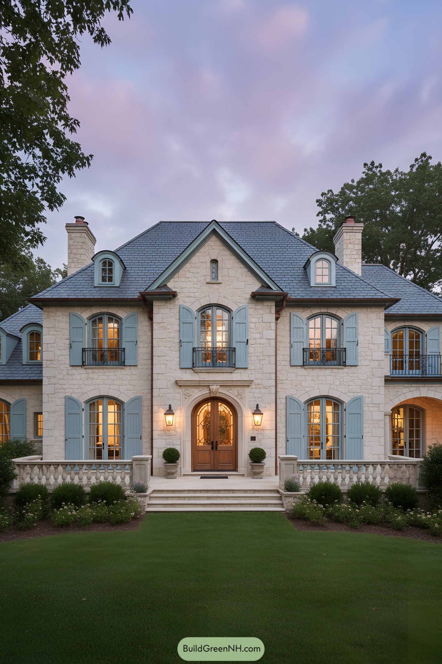 Stone manor with blue shutters and slate roof at dusk