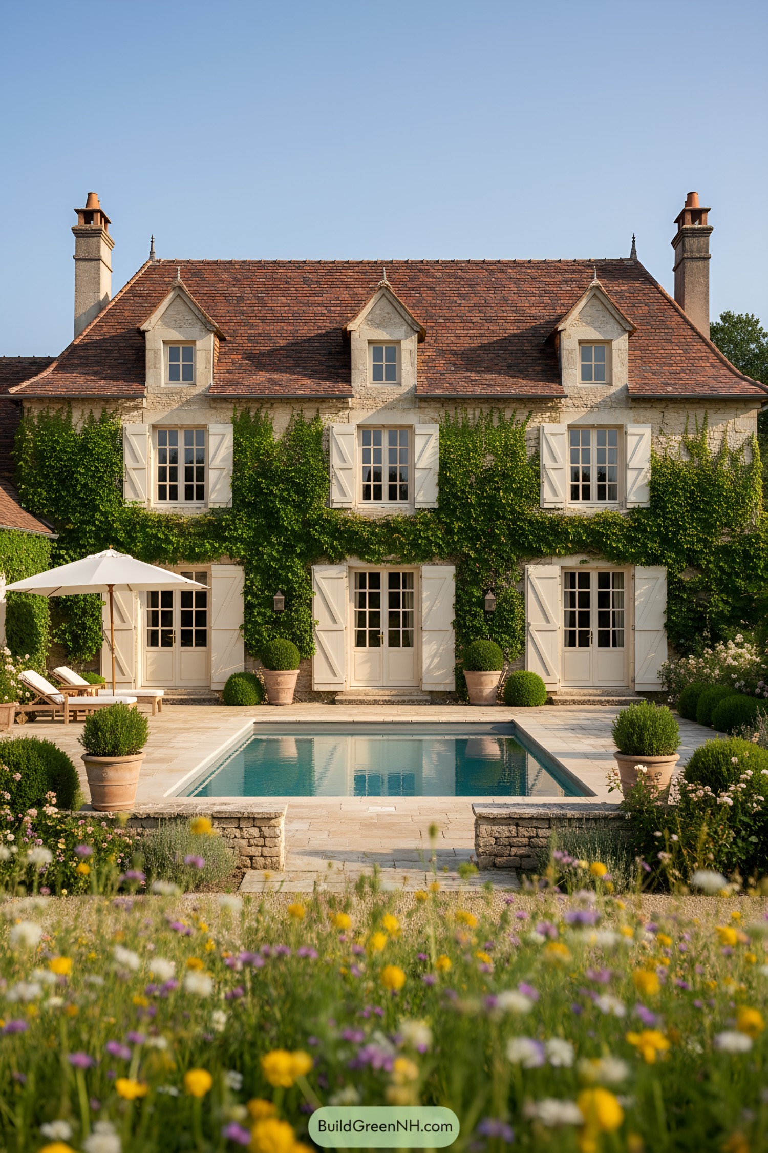 Stone farmhouse with ivy and pool terrace