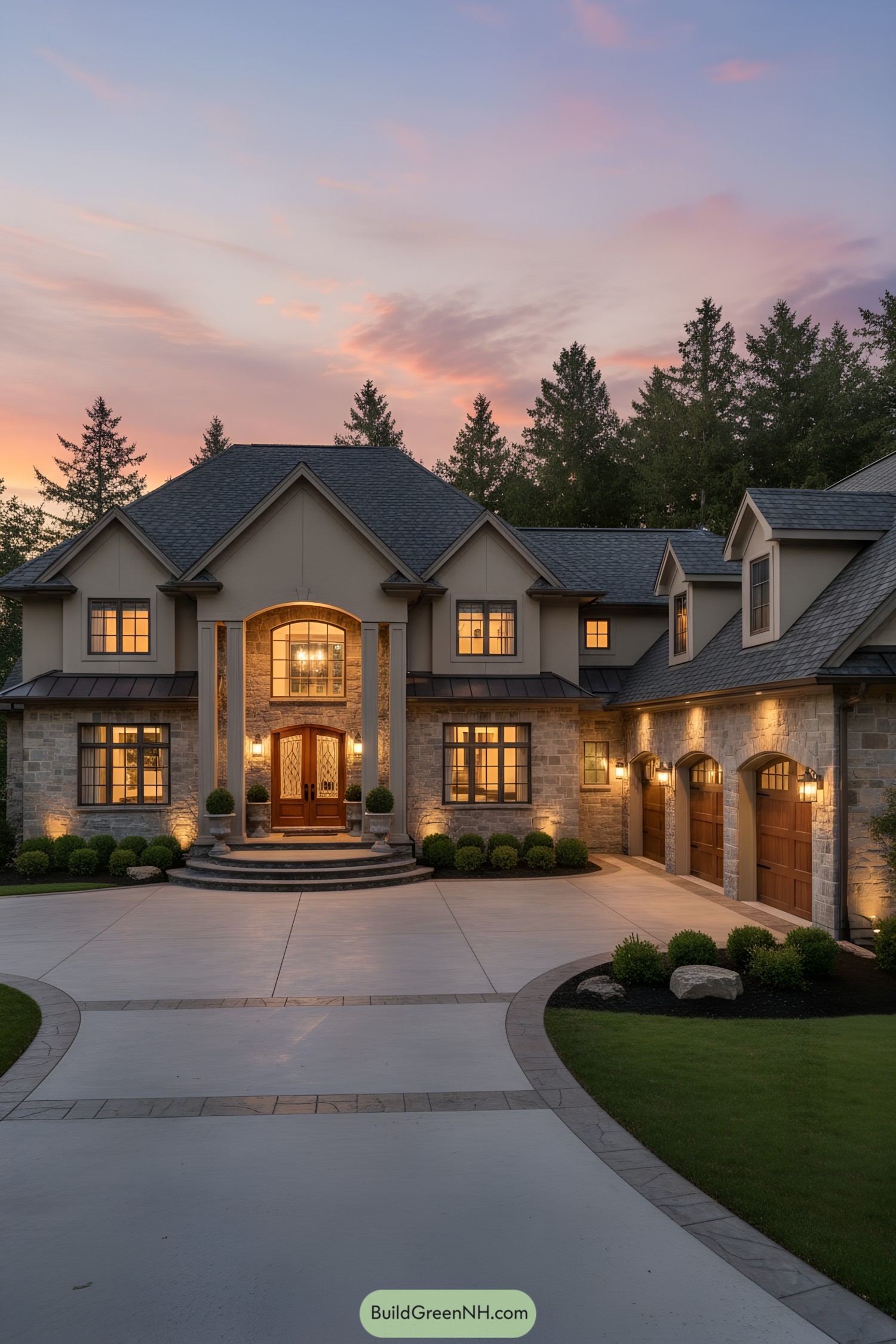 Stone-clad manor with arched portico at dusk
