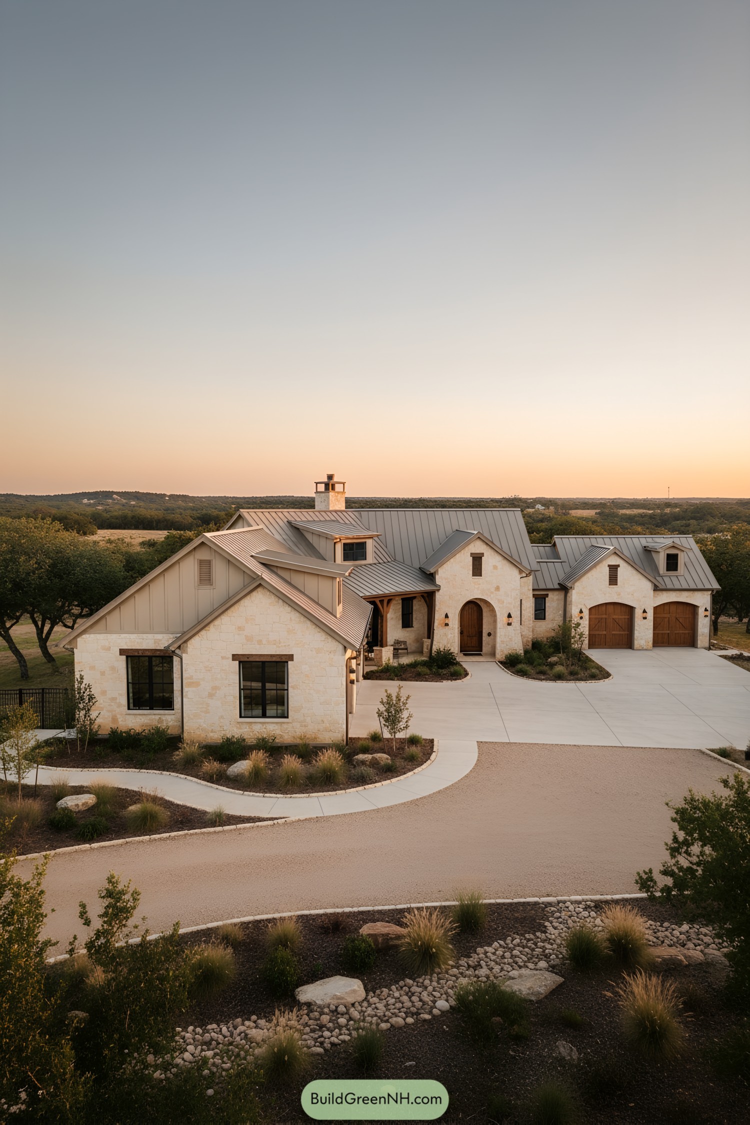 Cream-stone country house with metal gables and wooden garage doors at sunset