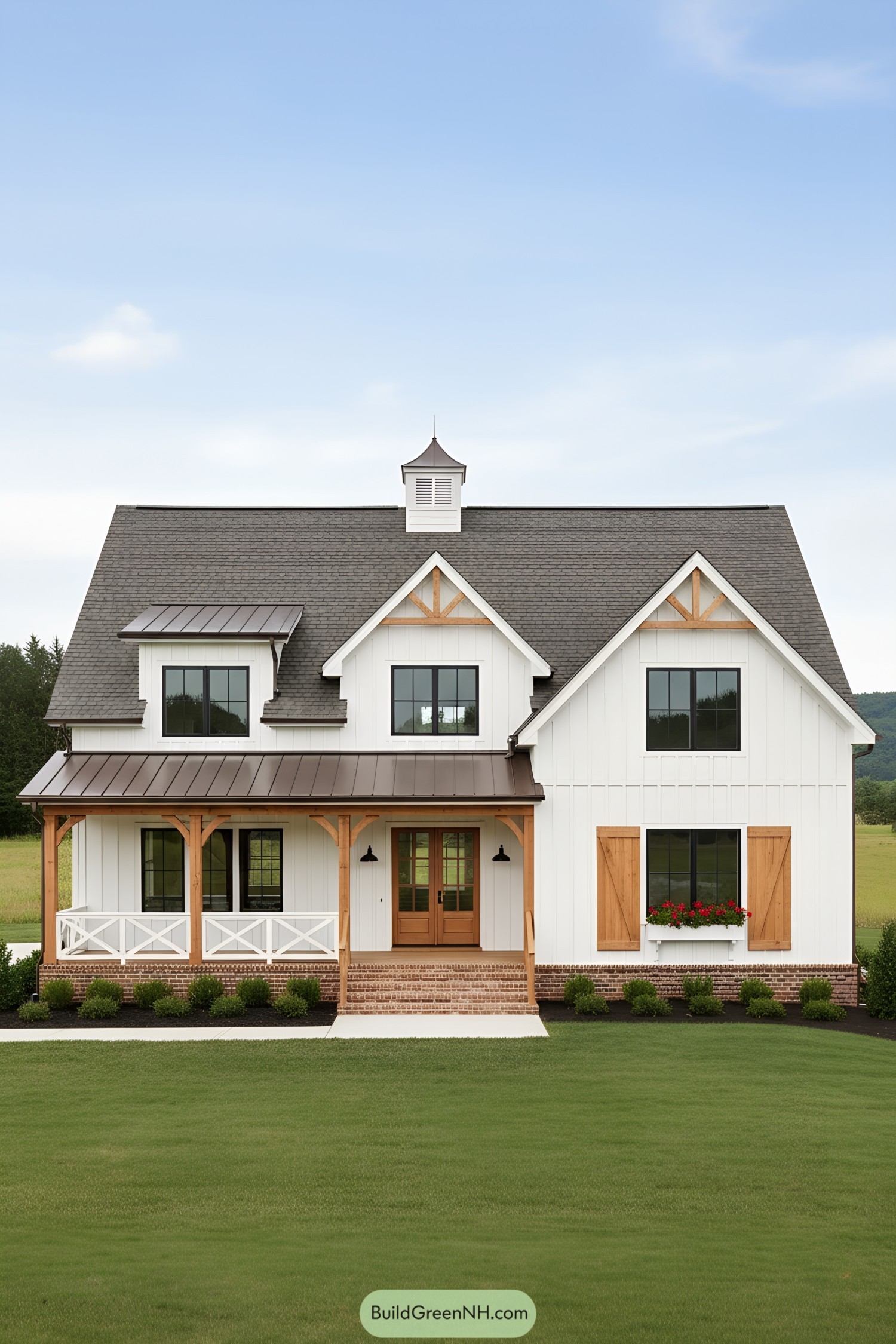 White board-and-batten farmhouse with cupola and wood accents