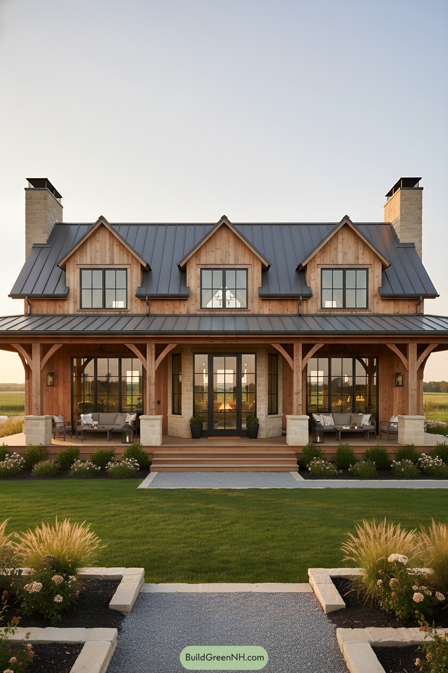 Warm timber farmhouse with metal roof and wide porch