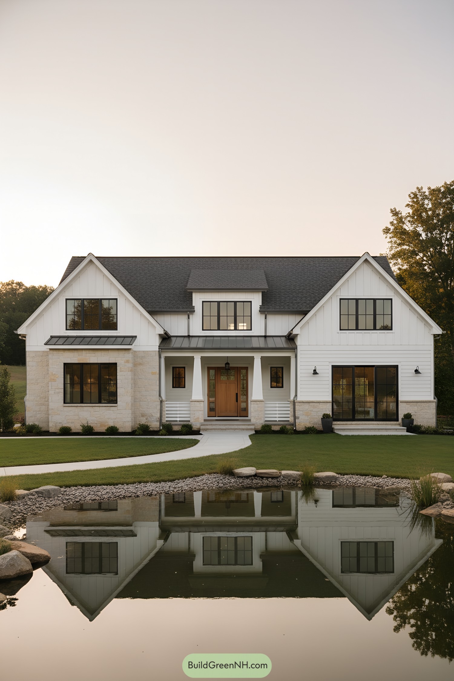 White farmhouse with black windows reflected in pond