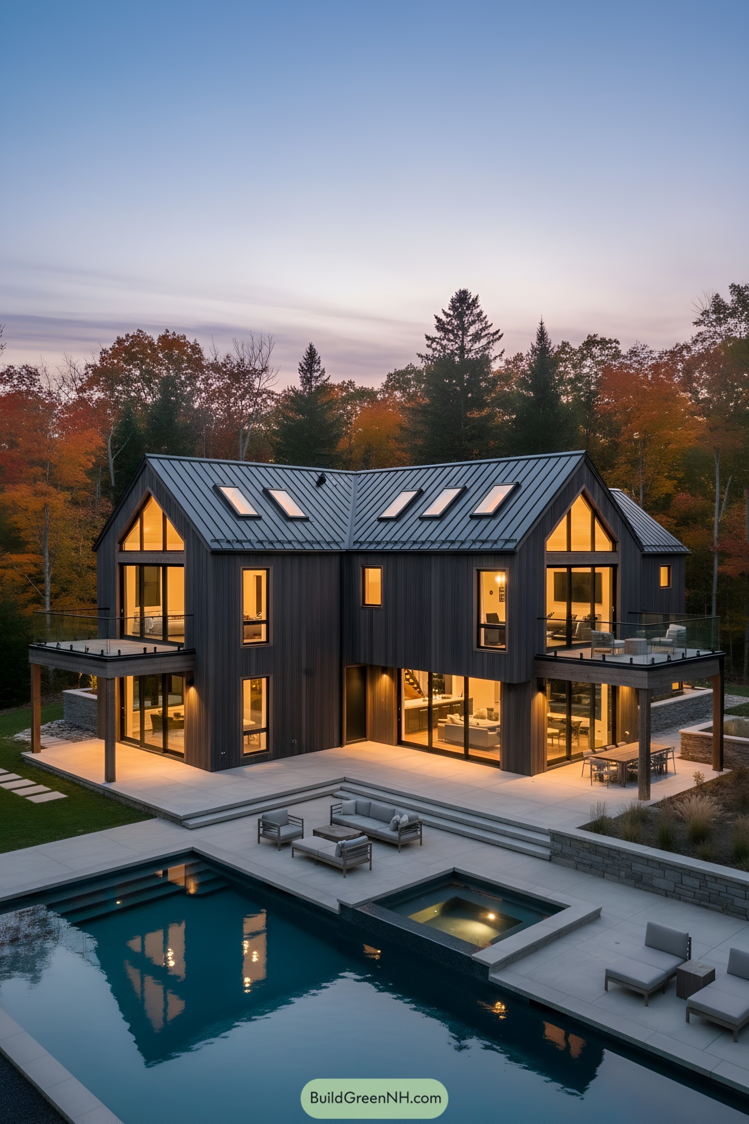 Modern barn-style home with dark siding, metal roof, and glowing windows beside a pool terrace