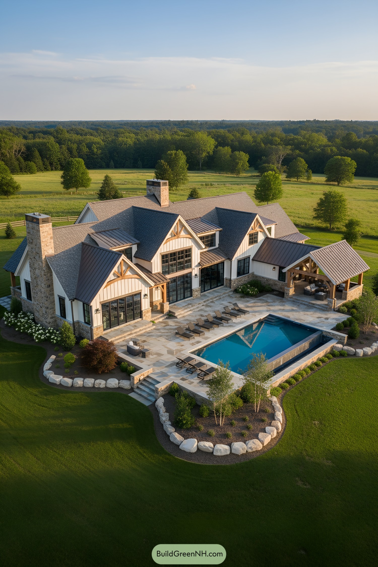 Modern farmhouse with stone chimneys and pool