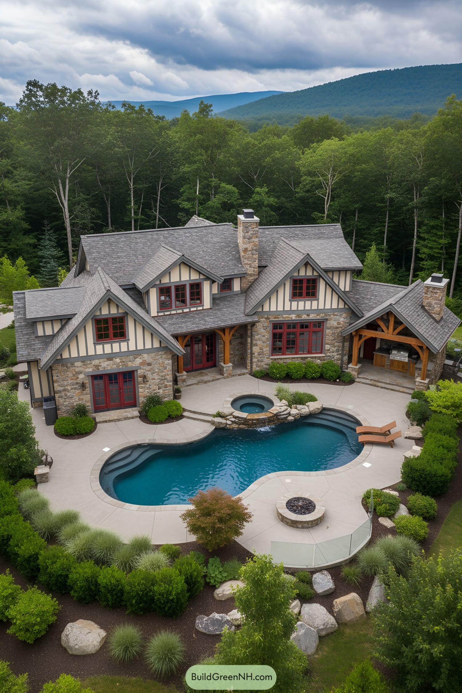 Stone-and-timber country house with pool and hot tub