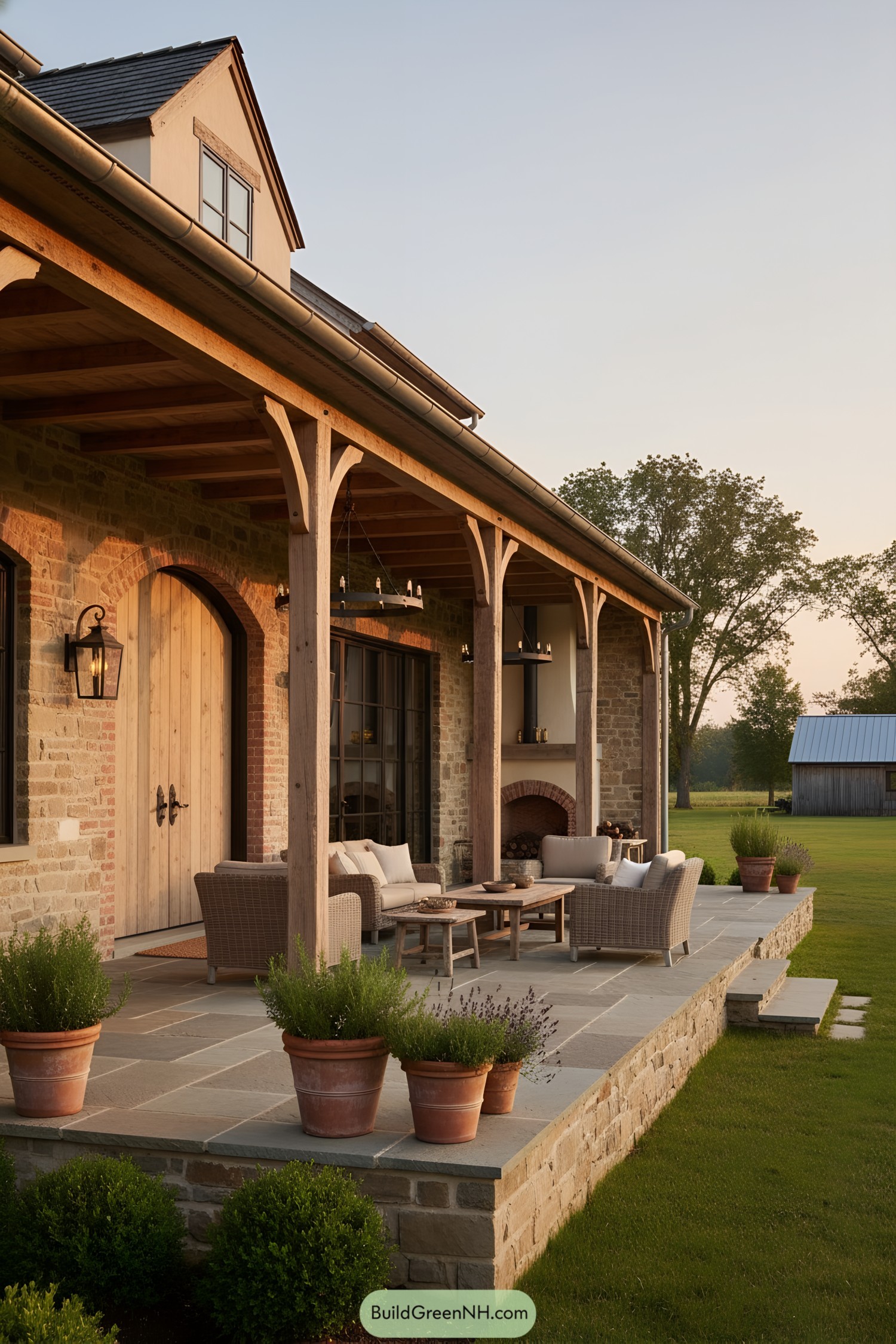 Stone veranda with timber posts and outdoor fireplace