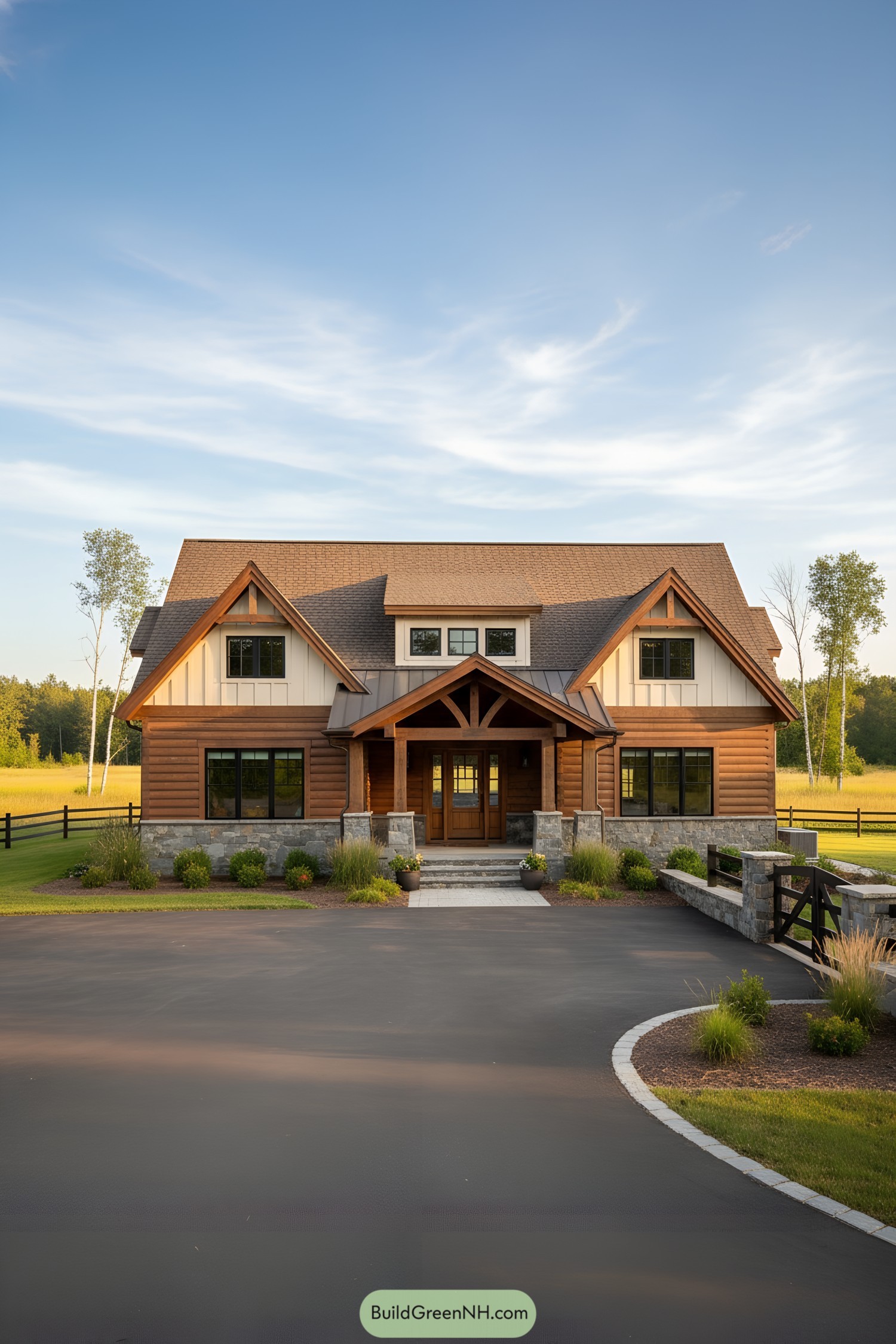 Rustic timber-and-stone country home with gabled entry
