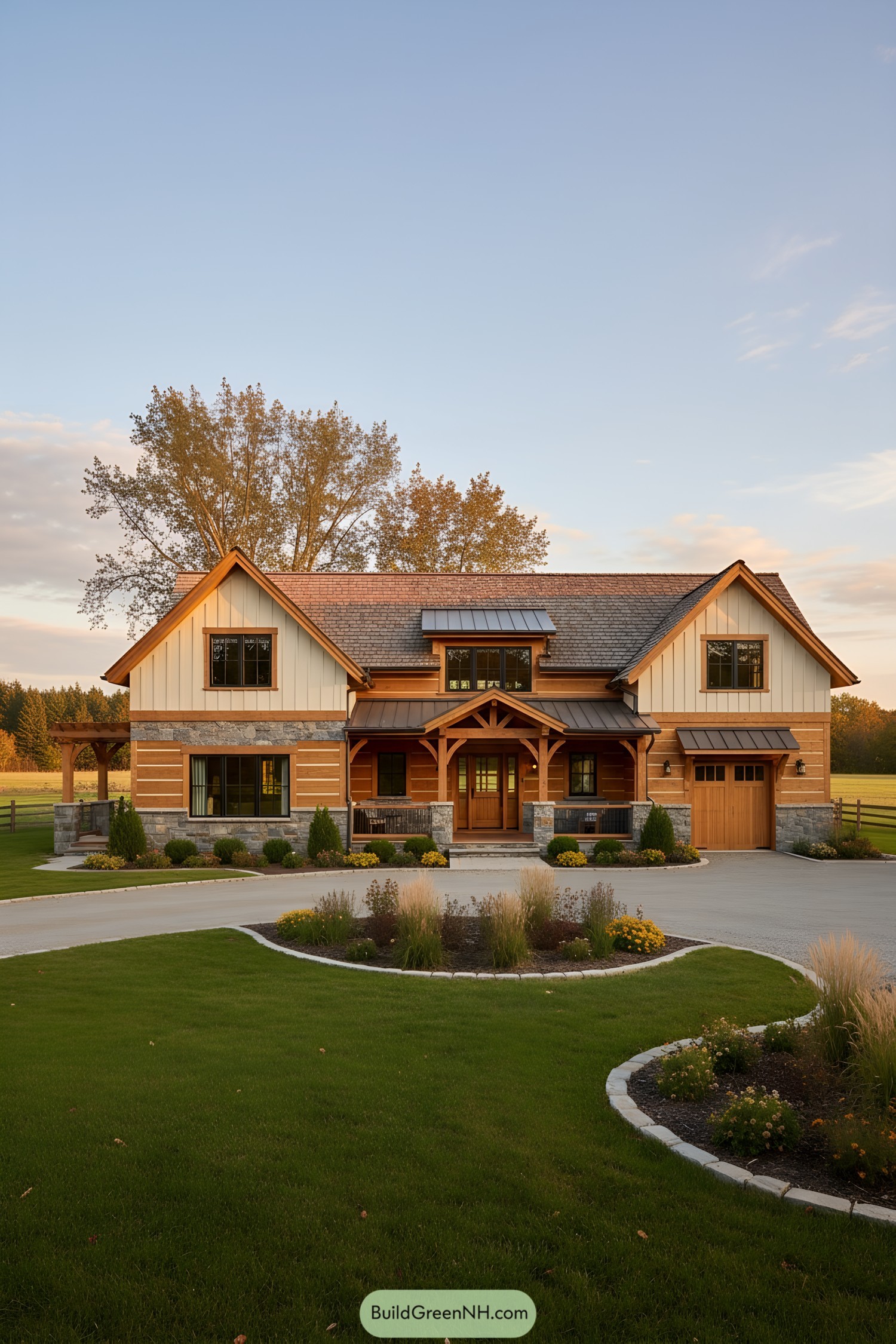 Warm timber-frame farmhouse with stone base