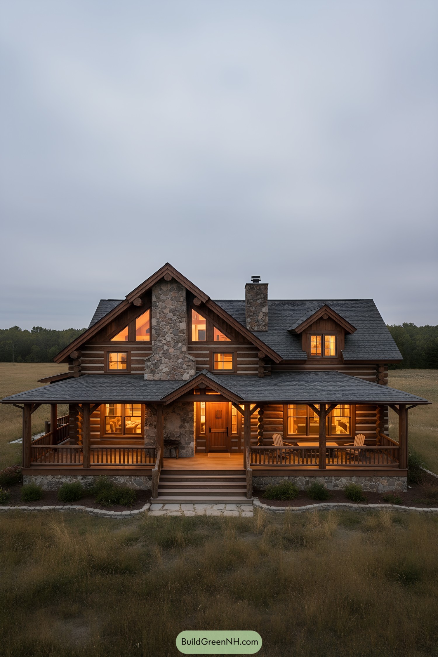 Warm-lit log lodge with stone chimney and deep porch