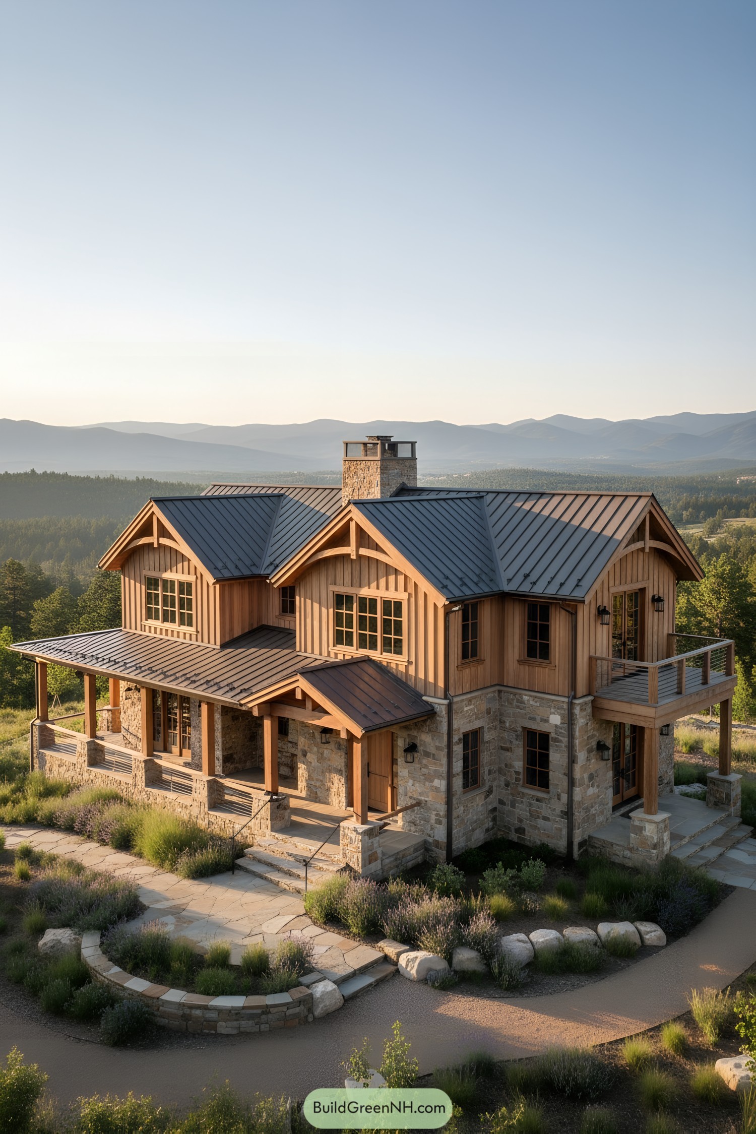 Rustic mountain house with stone and wood