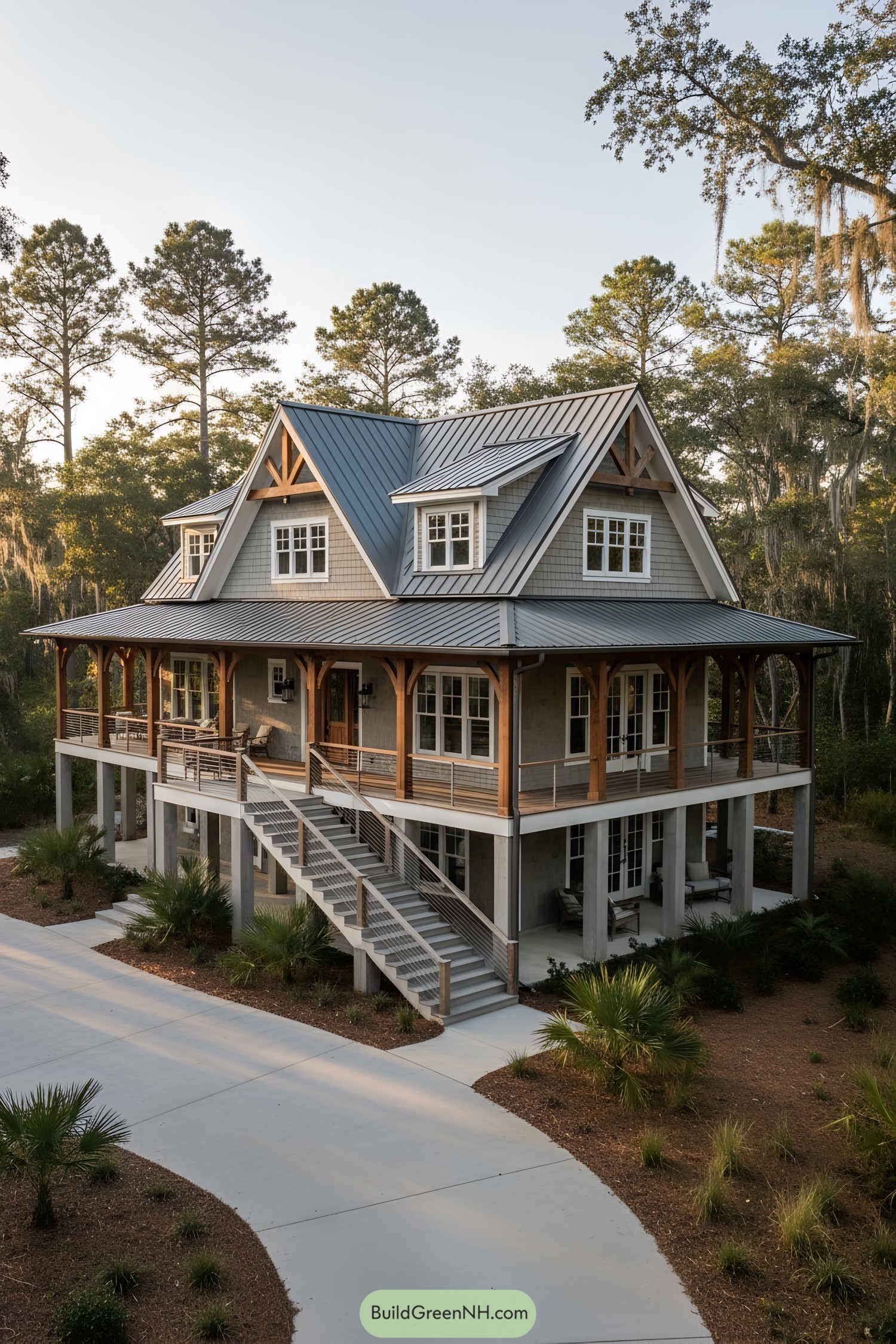 Elevated country house with wraparound porch and dormers