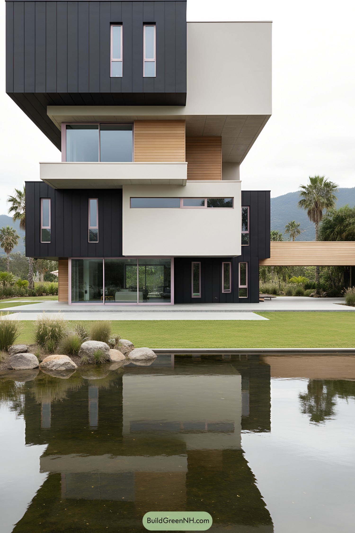 Modern cubist house with stacked volumes reflecting in a calm pond