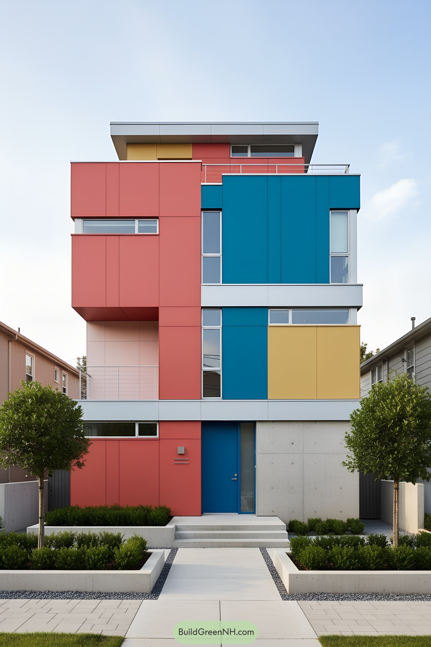 Color-blocked modern house with red blue yellow panels and clean landscaping