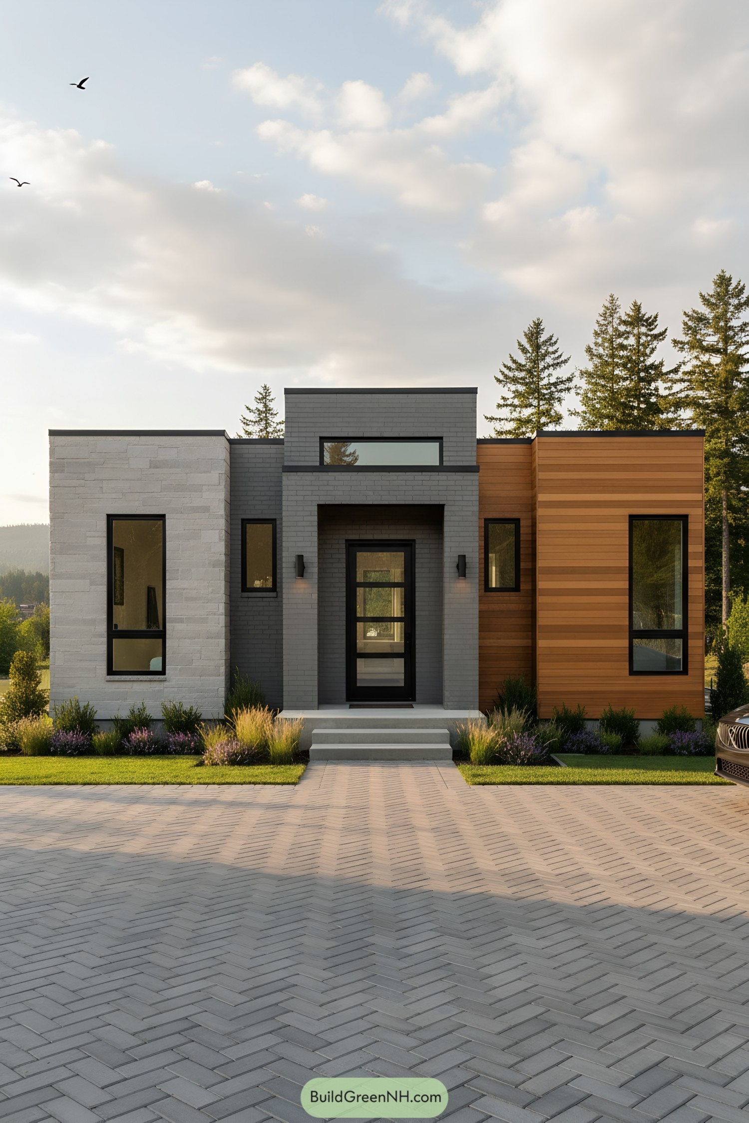 Modern cubist house with stone brick and cedar facade