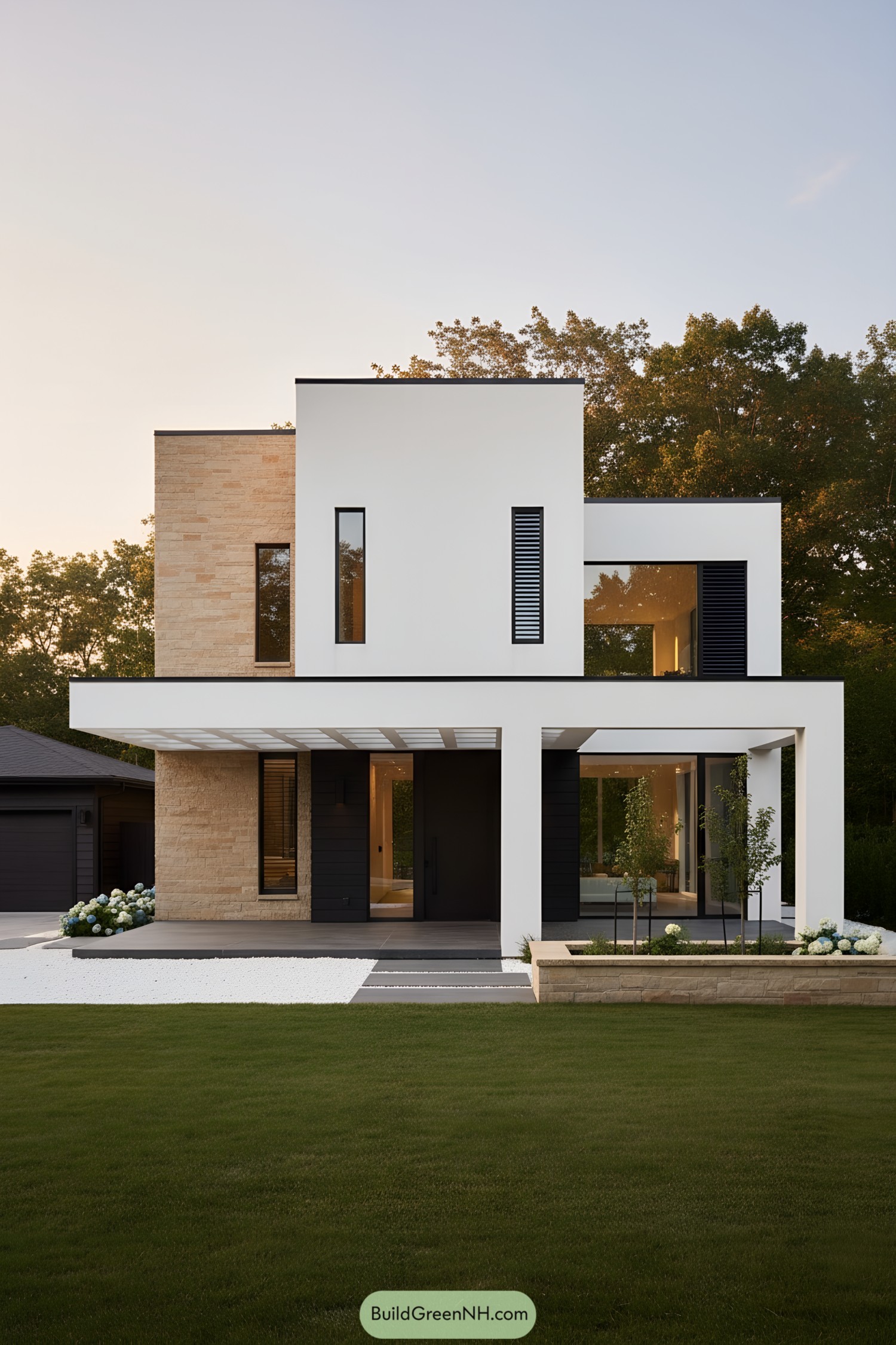 Two-story cubist house with white volumes, stone cladding, black accents, and deep overhangs