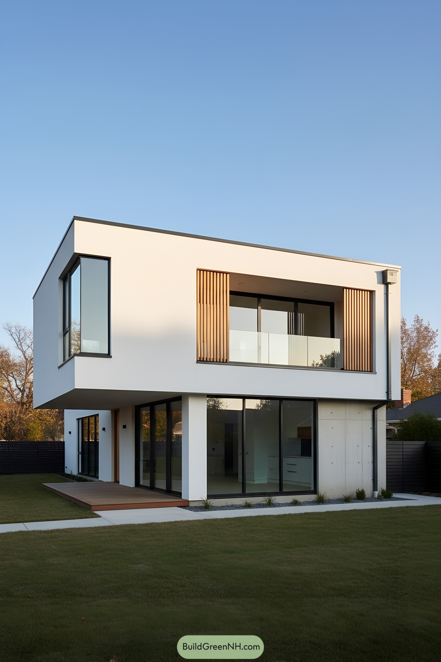 Two-story white cubist home with cantilevered upper floor and large glass