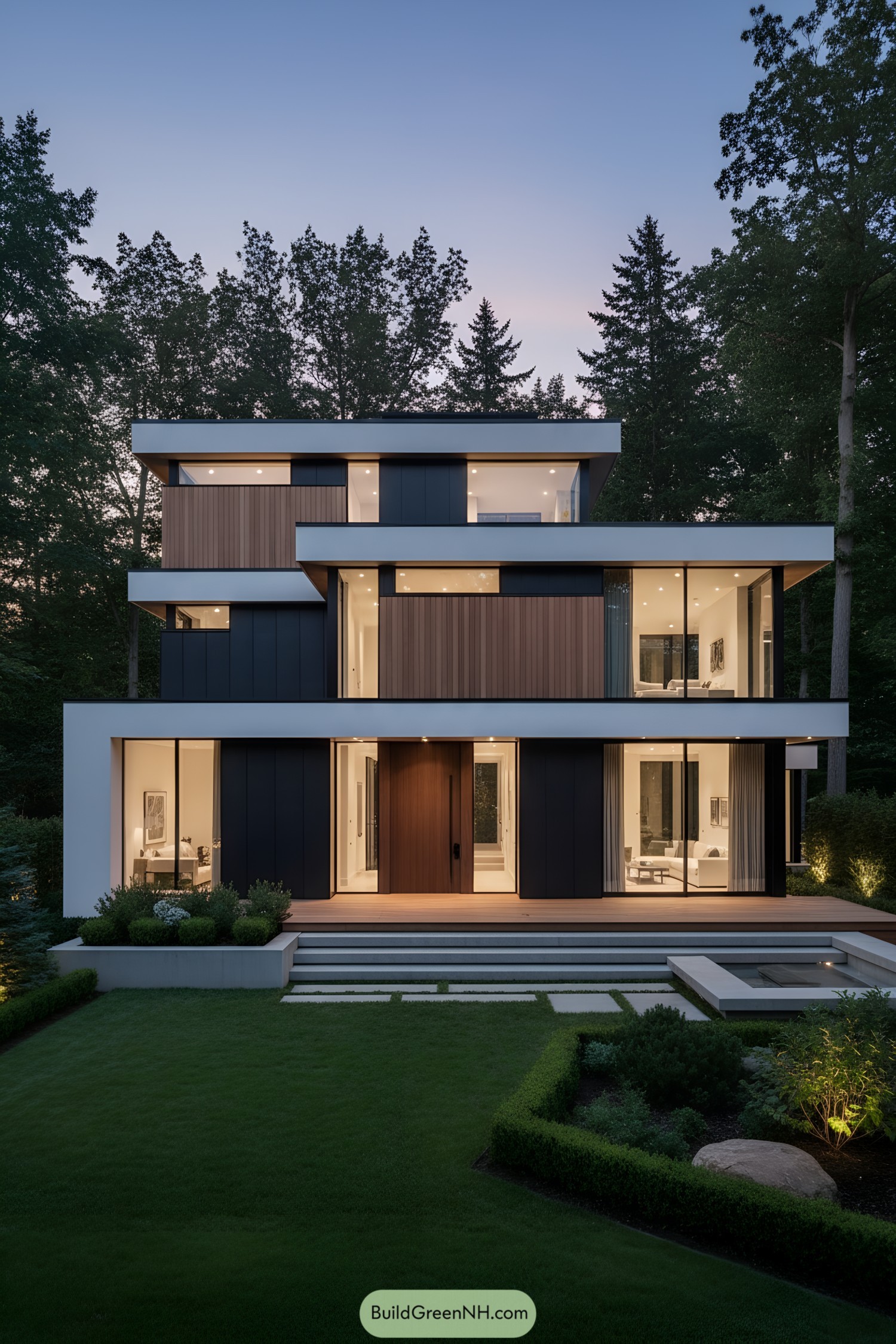 Three-level cubist house with white frames black panels and warm wood accents at dusk