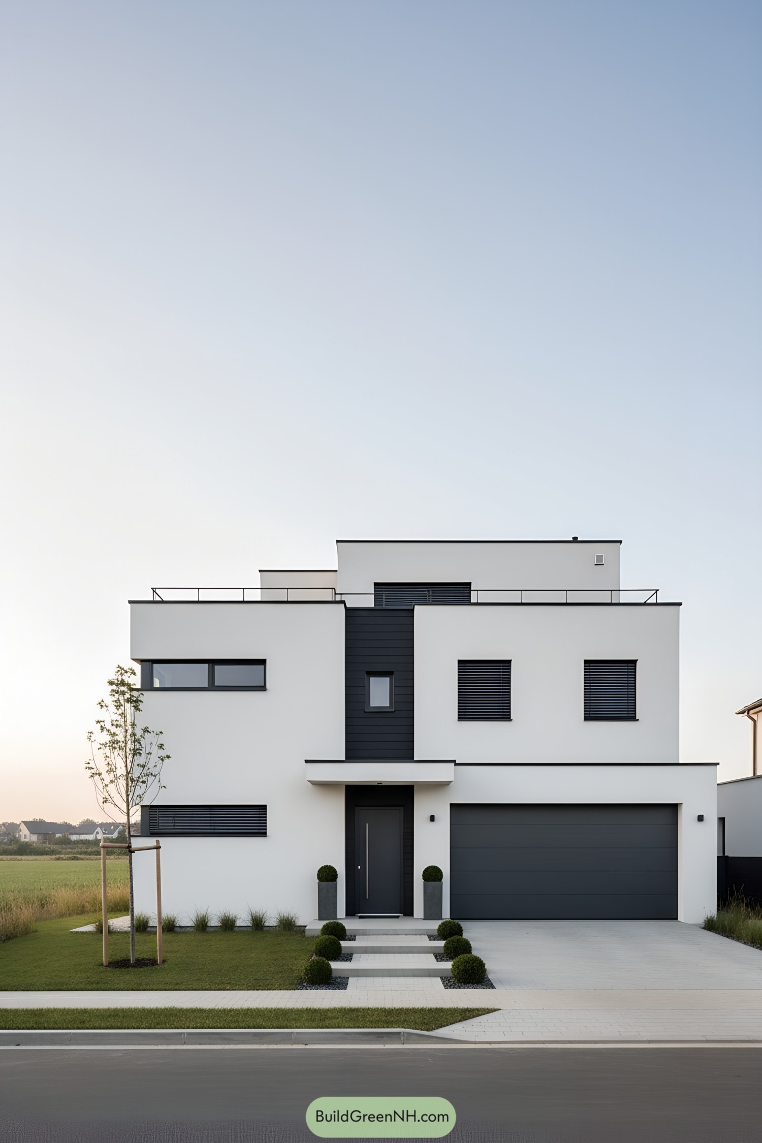White cubic house with dark accents and flat roofs