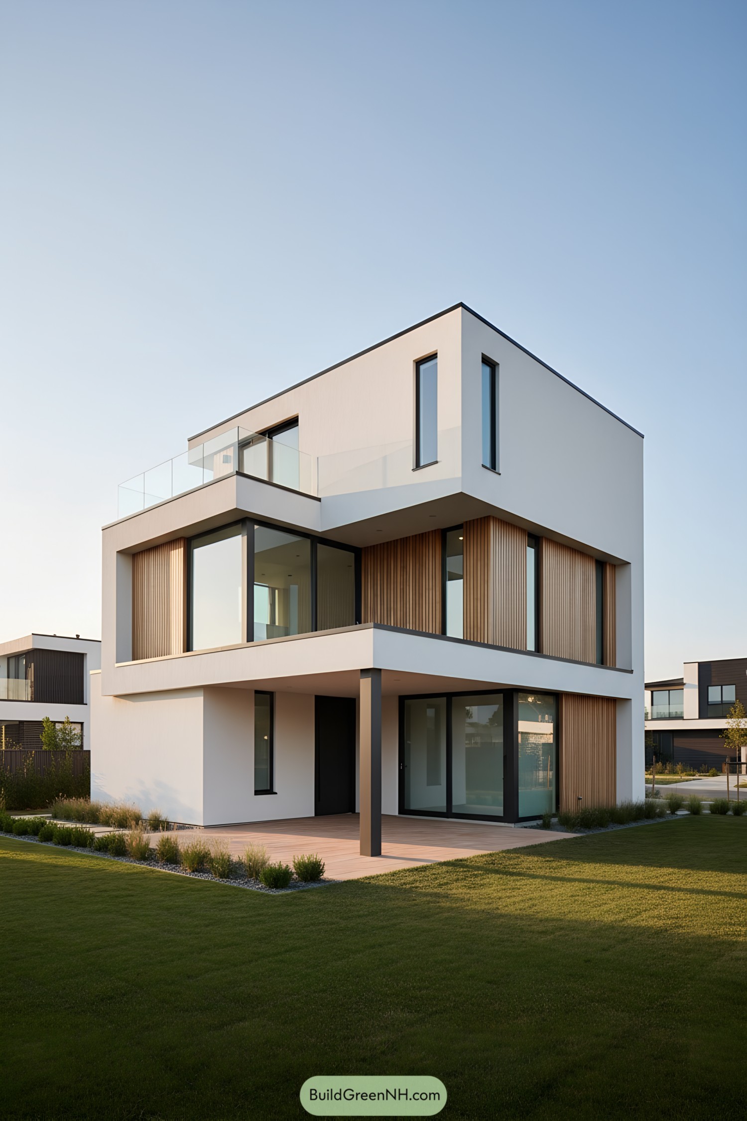 White cubist home with wood slats and glass balconies at dusk