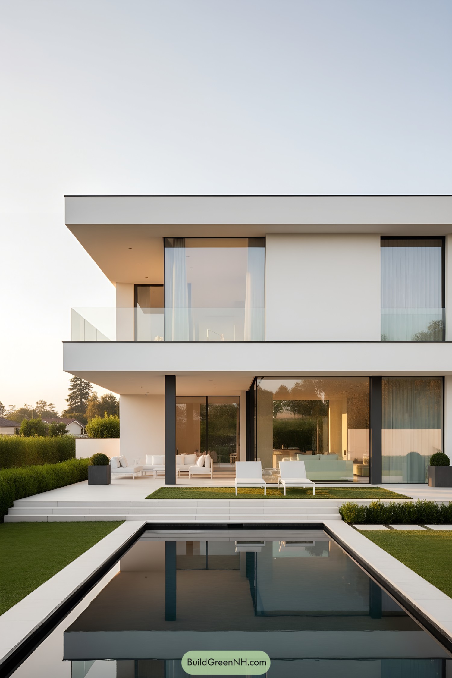 Minimalist white cubic home with broad glass walls and a reflecting pool